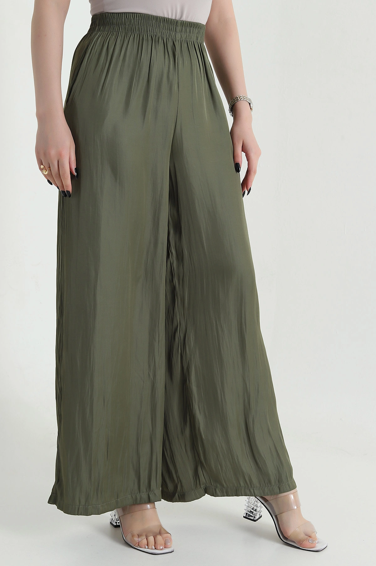 Haki Beli Lastikli Saten Kadın Pantolon 451258