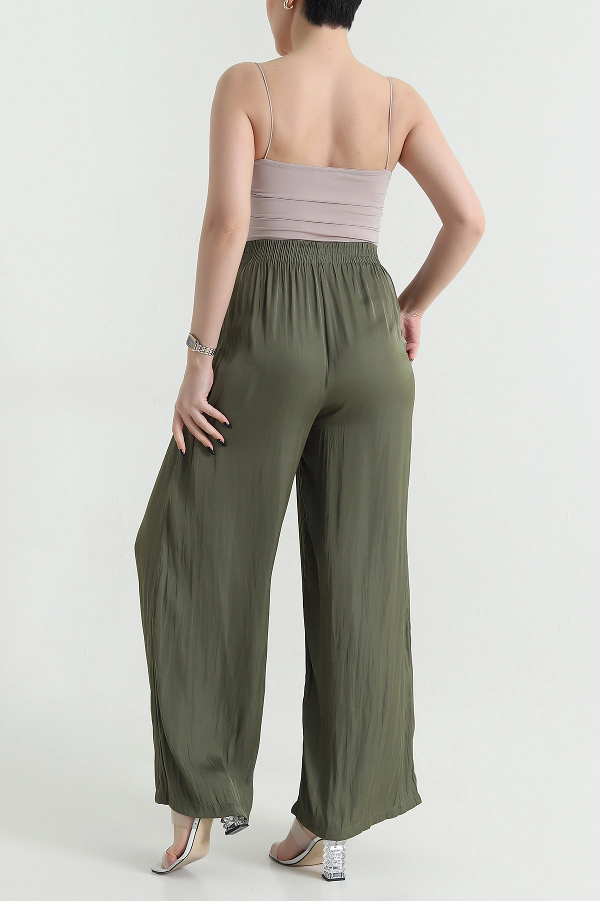 Haki Beli Lastikli Saten Kadın Pantolon 451258