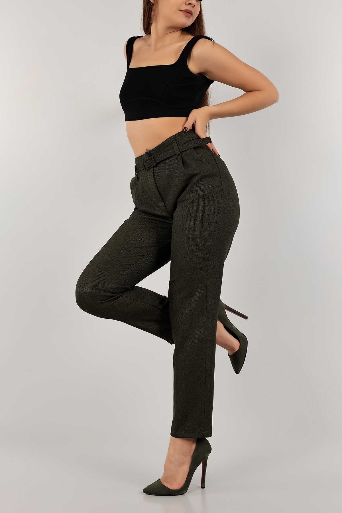 Haki Beli Lastikli Yün Efekt Bayan Pantolon 133648