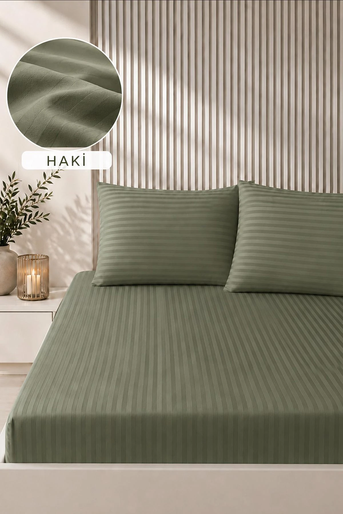 Haki Bella Home 160x200 Cm Çift Kişilik Çizgili Saten Çarşaf Seti 483020