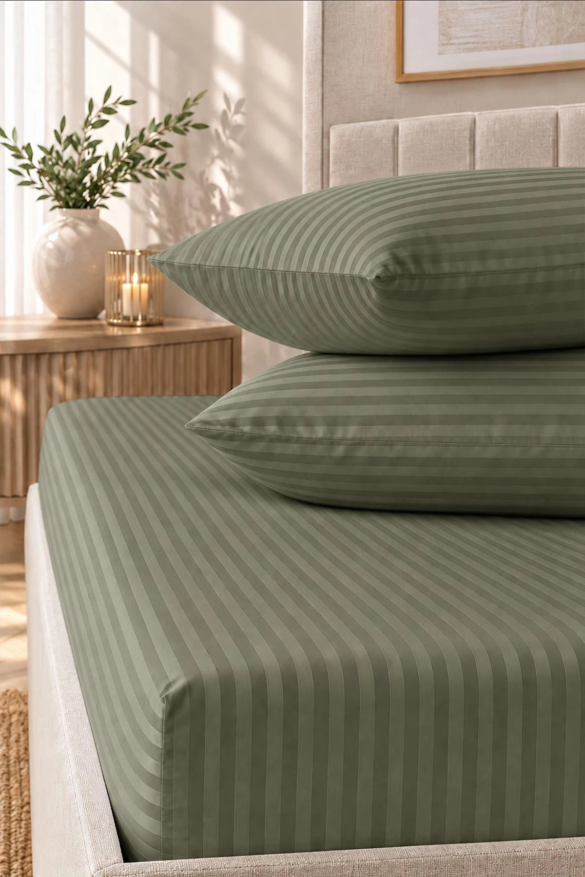 Haki Bella Home 160x200 Cm Çift Kişilik Çizgili Saten Çarşaf Seti 483020