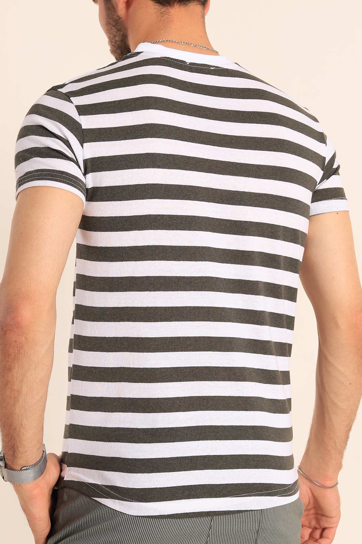 Haki Beyaz Çizgili Regular Fit Erkek Tişört 188011