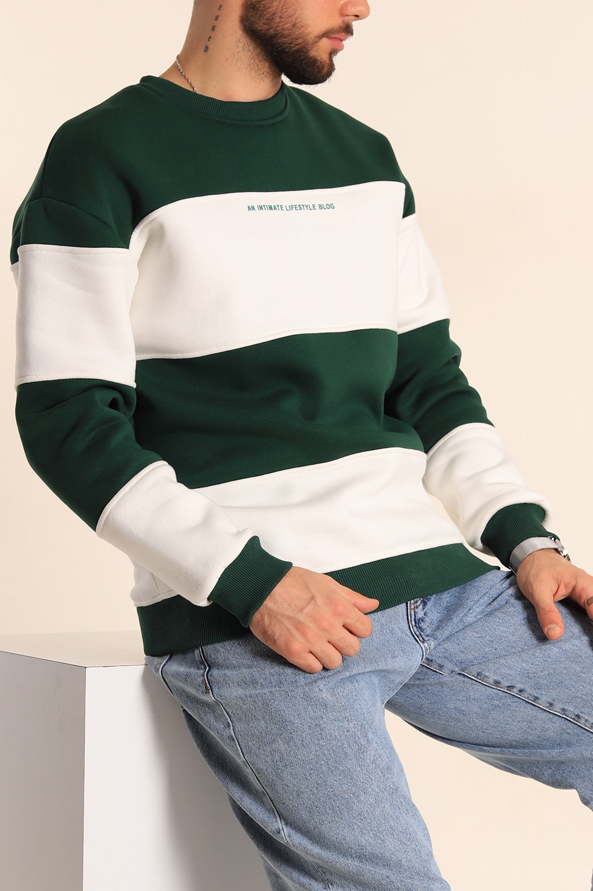 Haki Beyaz Oversize Üç İp Şardonlu Kabartma Yazılı Erkek Sweatshirt 225866