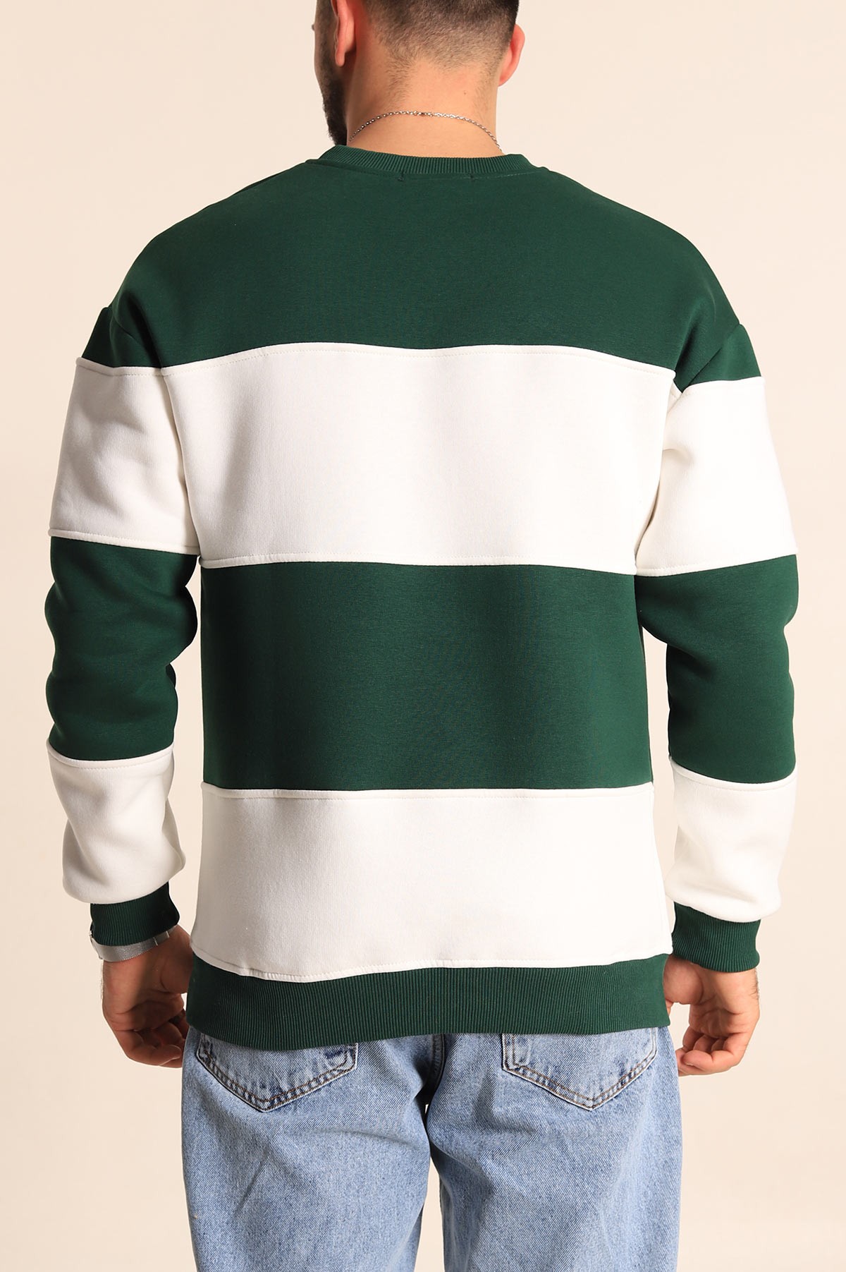 Haki Beyaz Oversize Üç İp Şardonlu Kabartma Yazılı Erkek Sweatshirt 225866