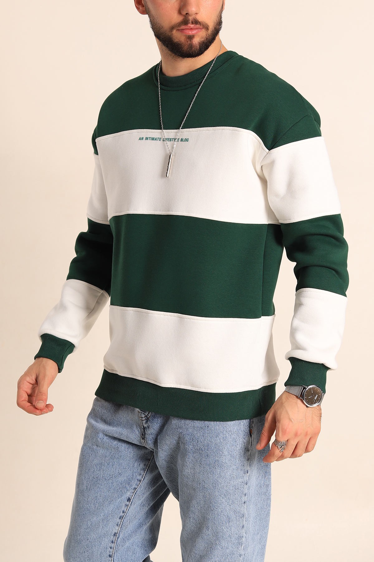 Haki Beyaz Oversize Üç İp Şardonlu Kabartma Yazılı Erkek Sweatshirt 225866
