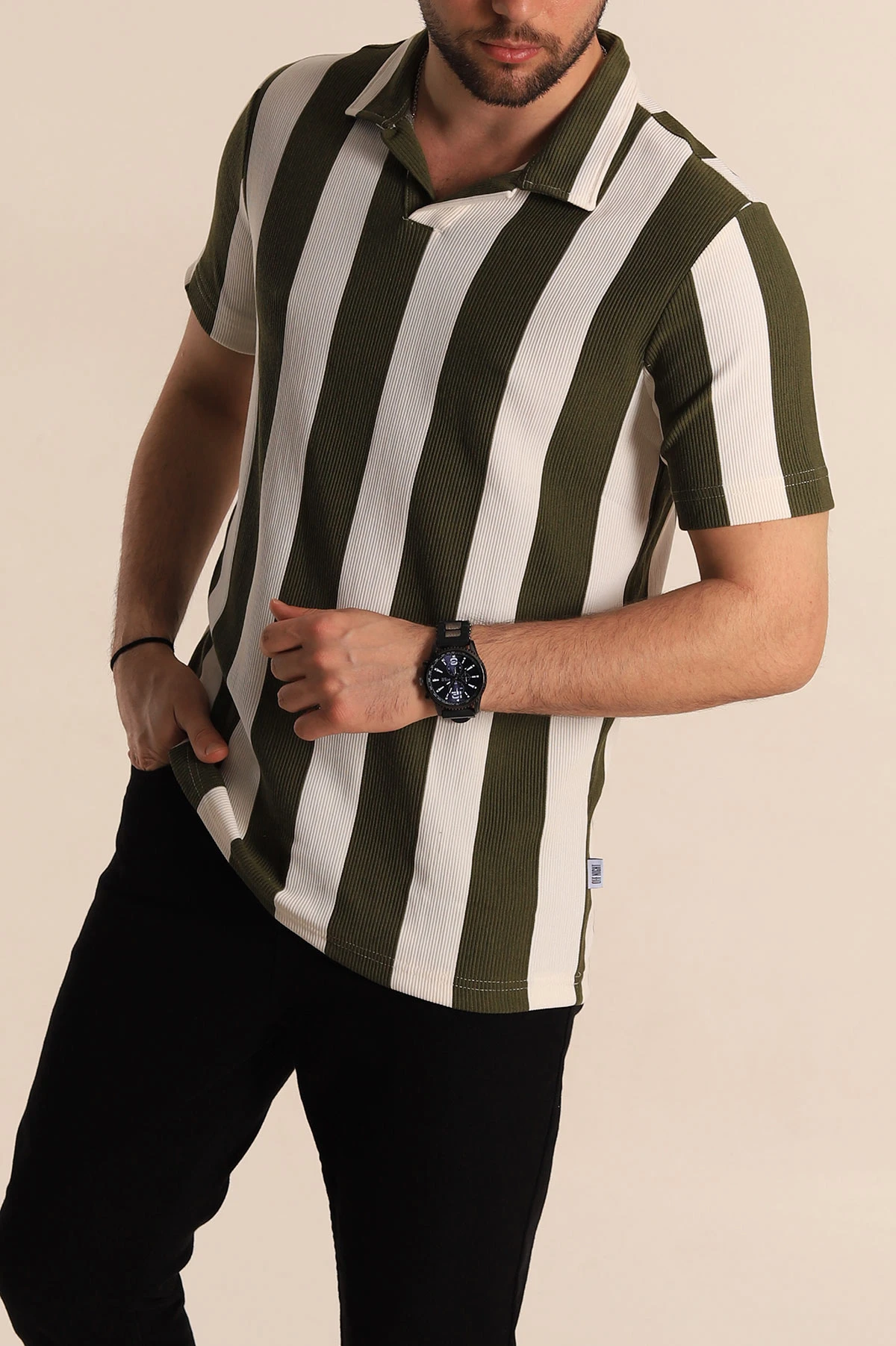 Haki Beyaz Regular Fit Çizgili Polo Yaka Erkek Tişört 268619