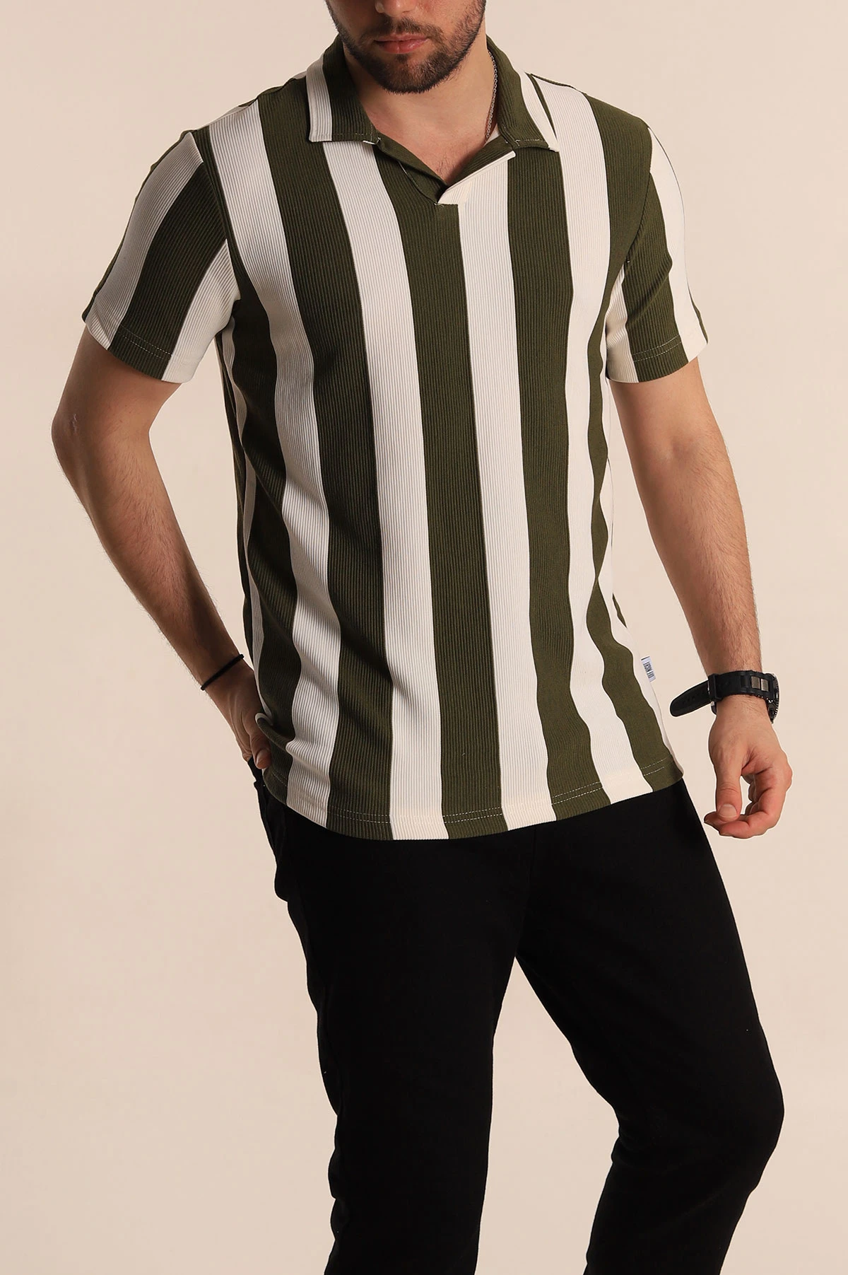 Haki Beyaz Regular Fit Çizgili Polo Yaka Erkek Tişört 268619