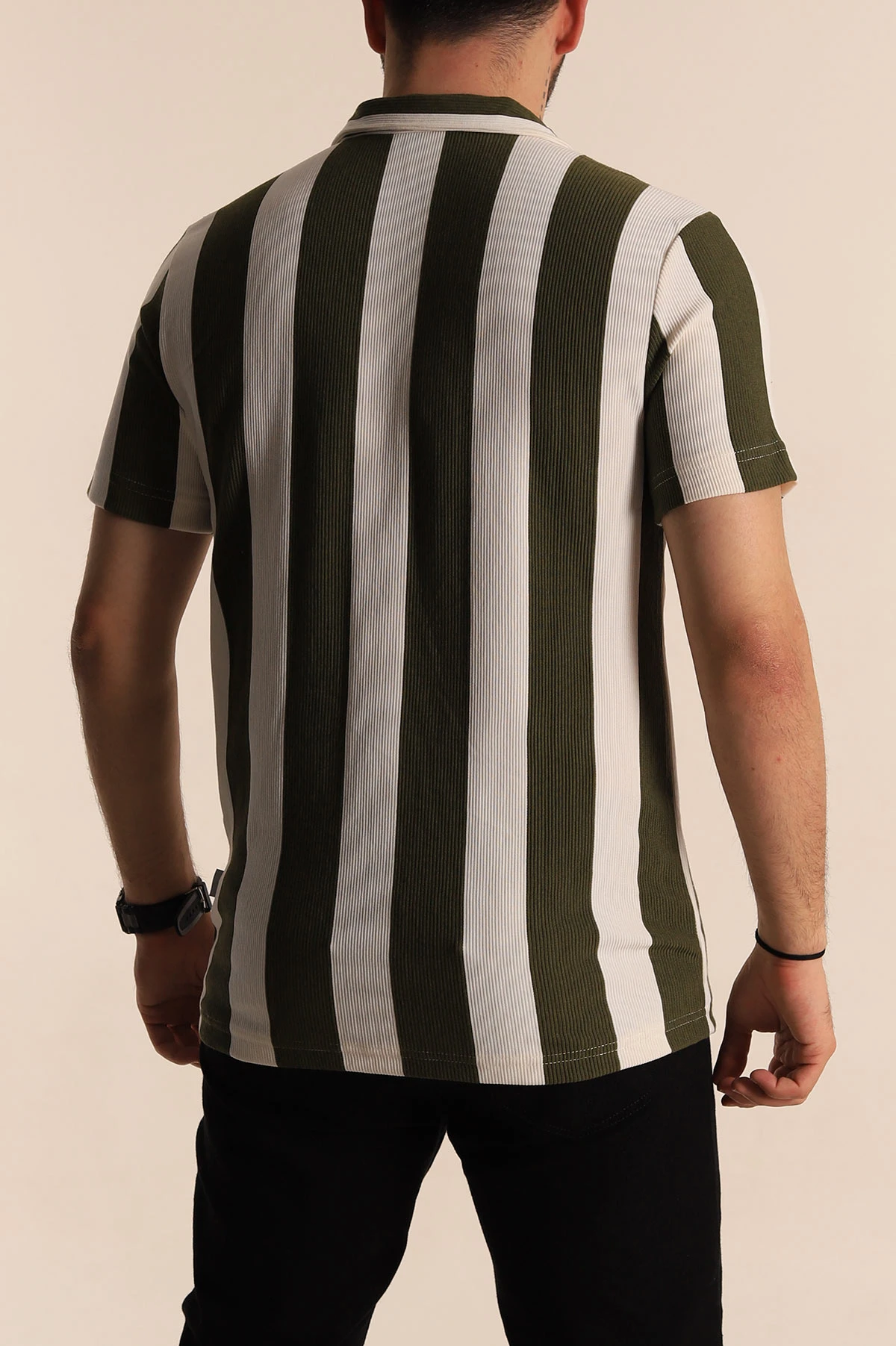 Haki Beyaz Regular Fit Çizgili Polo Yaka Erkek Tişört 268619