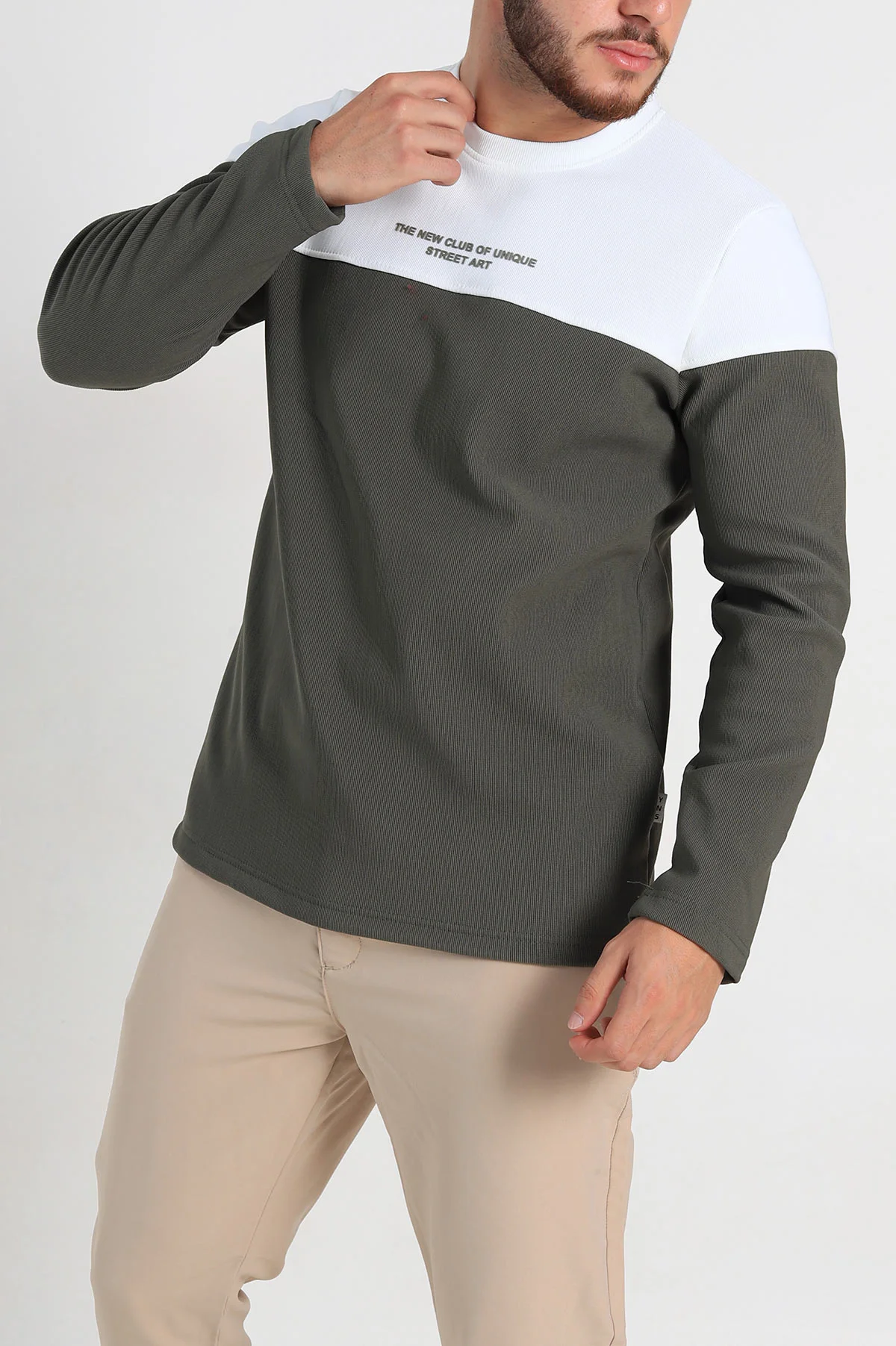 Haki Beyaz Regular Fit Kabartma Baskılı Erkek Sweatshirt 305866