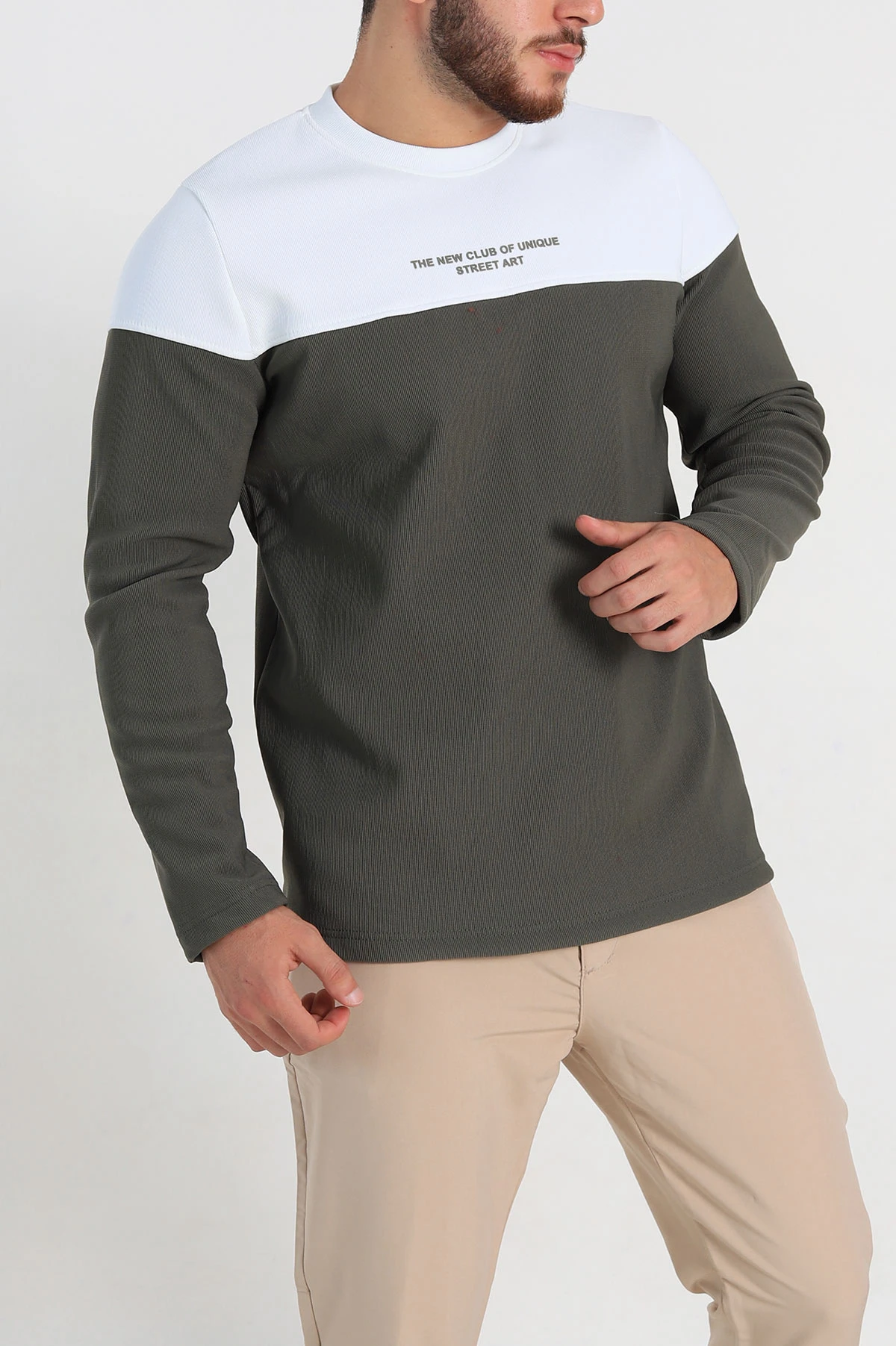 Haki Beyaz Regular Fit Kabartma Baskılı Erkek Sweatshirt 305866