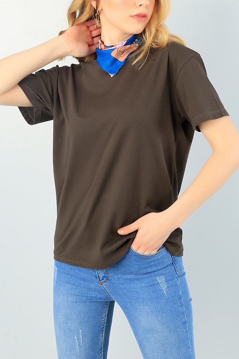 Haki Bisiklet Yaka Bayan Tişört 65398