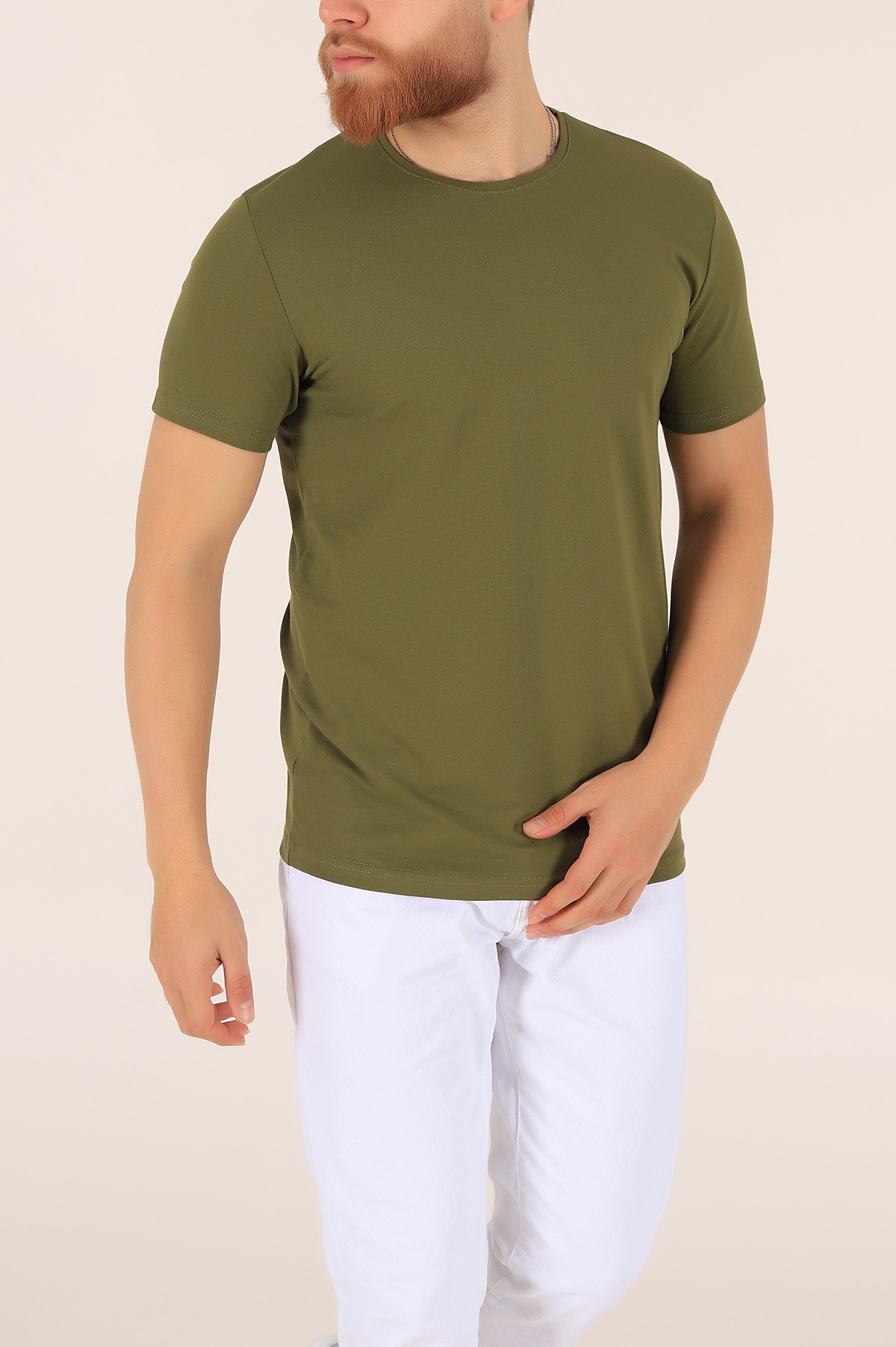 Haki Düz Kesim Basic Erkek Tişört 169572