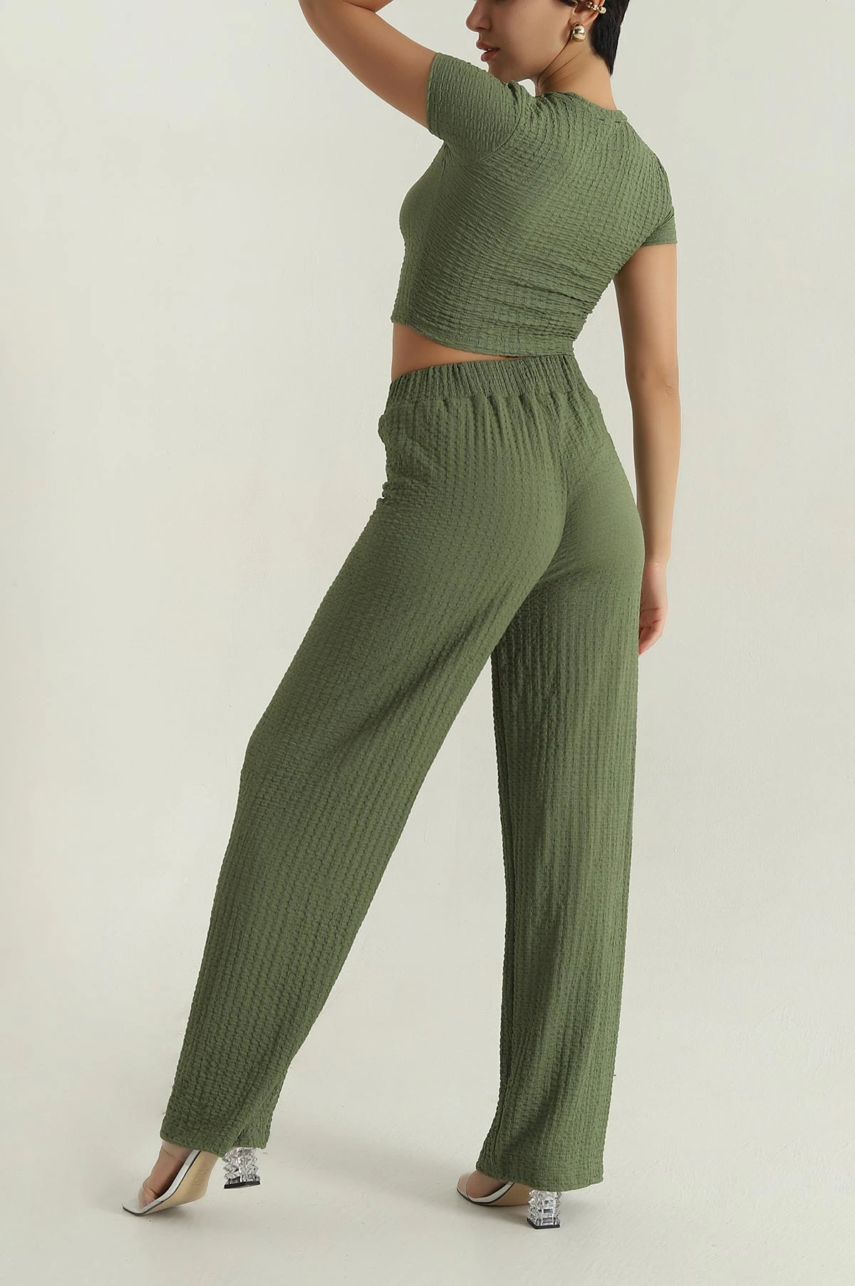 Haki Bluz Pantolon Gofre Kadın İkili Takım 377536