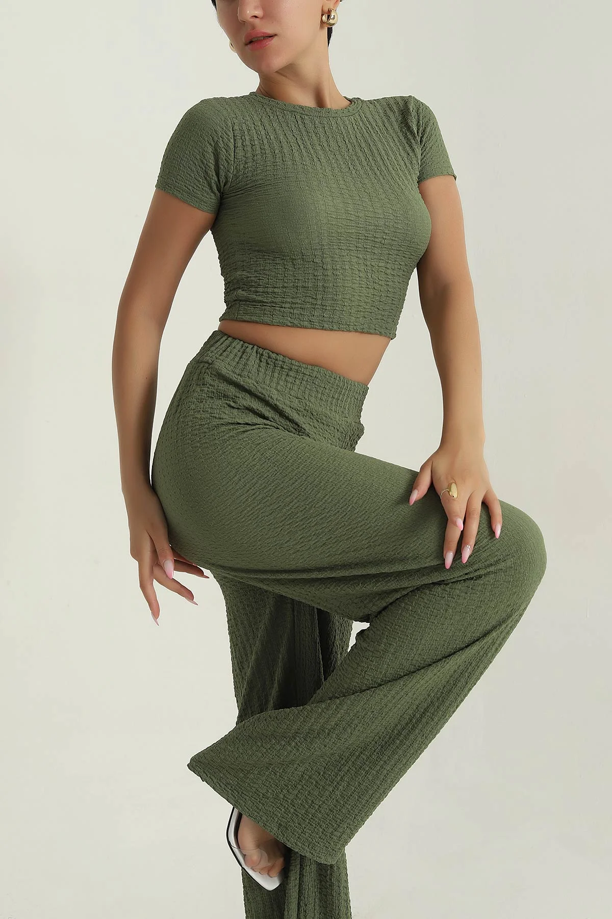 Haki Bluz Pantolon Gofre Kadın İkili Takım 377536