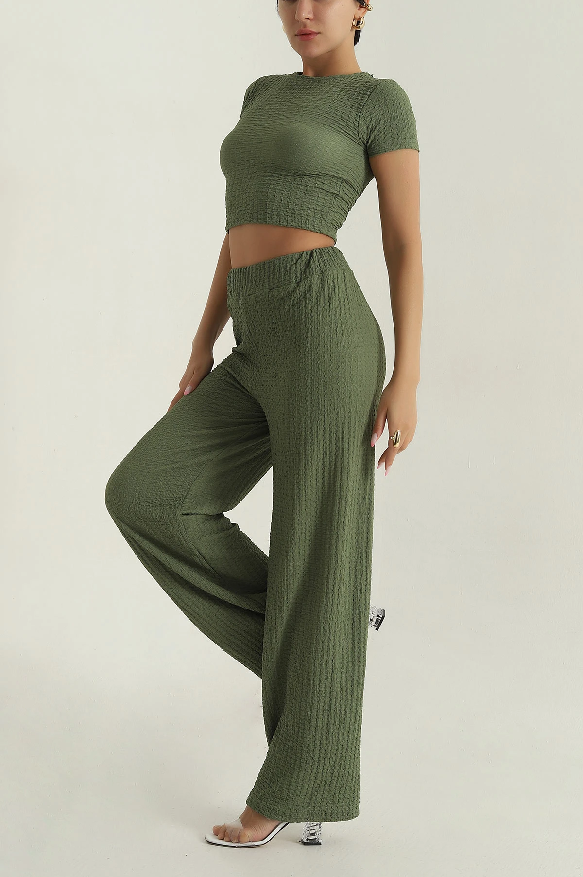 Haki Bluz Pantolon Gofre Kadın İkili Takım 377536