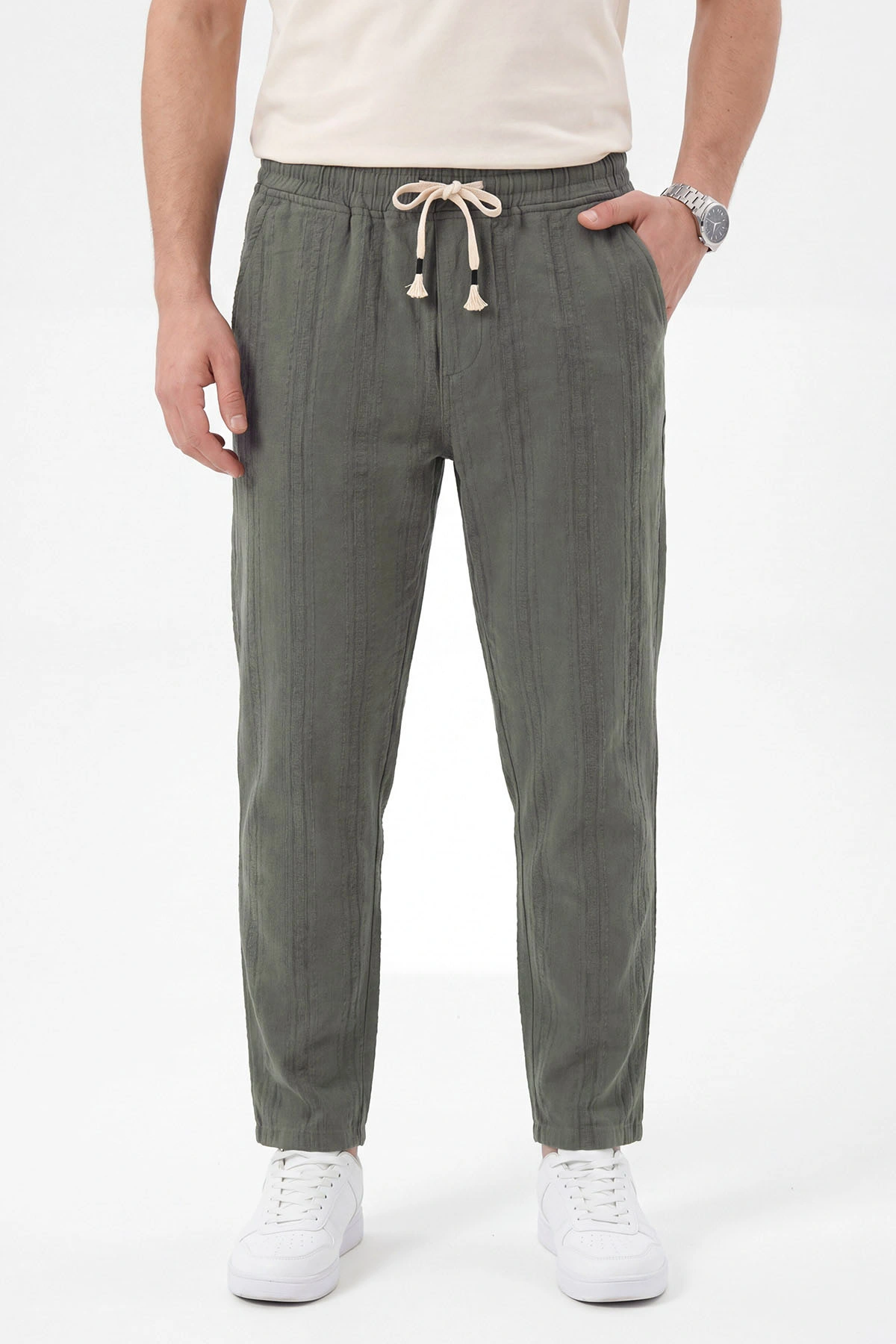 Haki Boyfriend Ham Keten Belden Bağlamalı Erkek Pantolon 459593