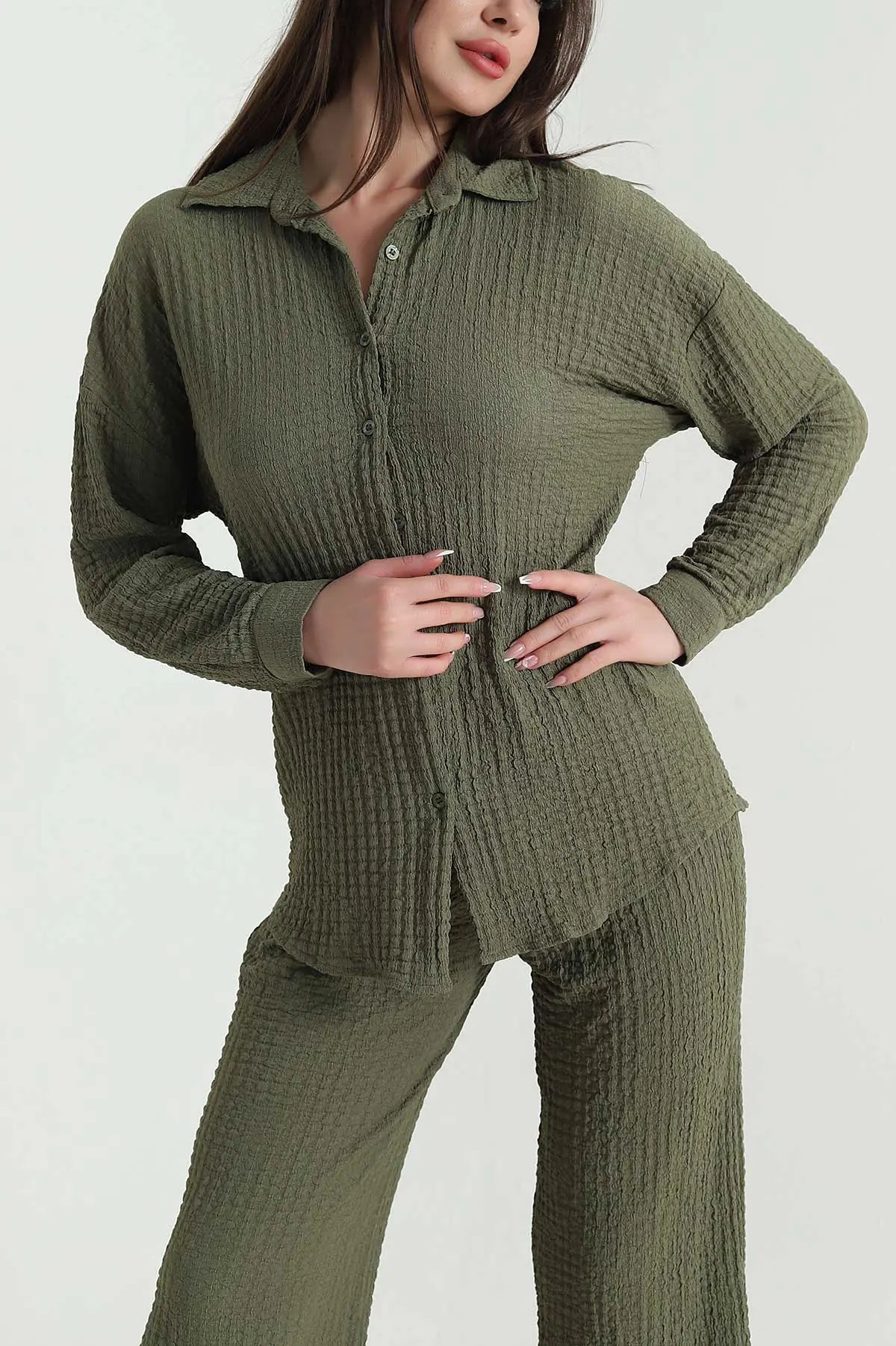 Haki Bukle Kumaş Pantolon Gömlek Kadın İkili Takım 454966