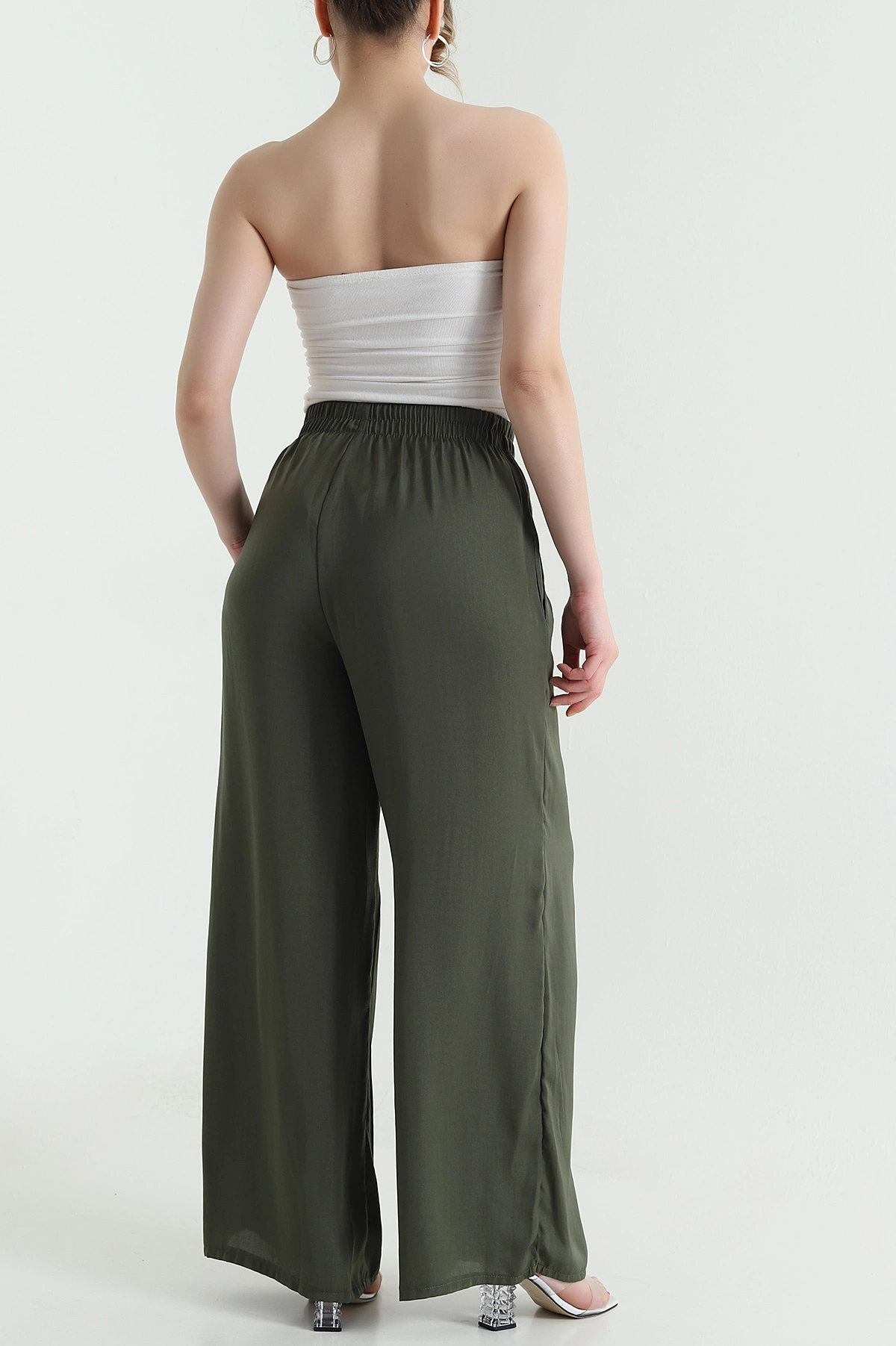 Haki Cepli Bel Lastikli Tencel Kadın Pantolon 446676