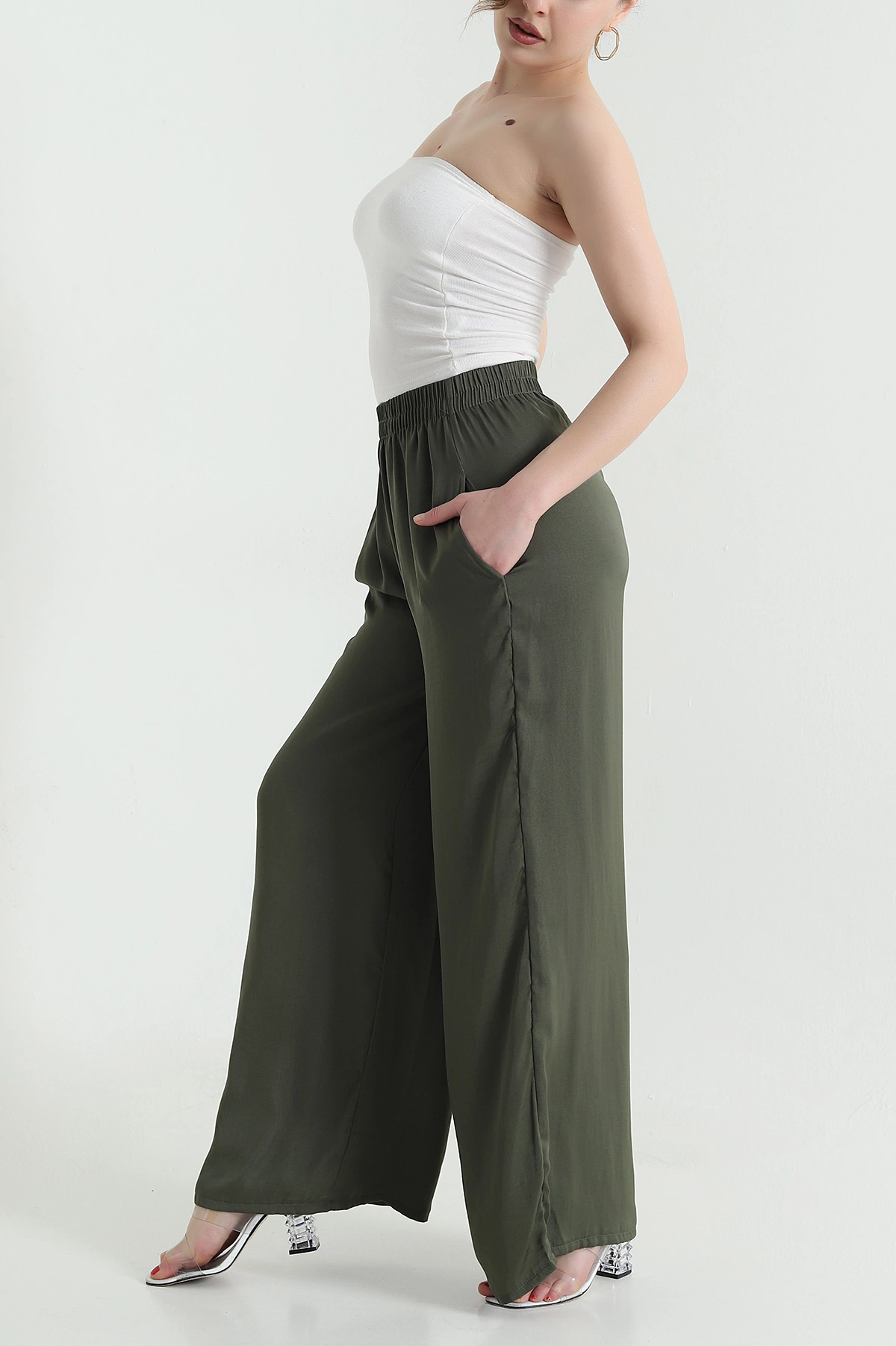 Haki Cepli Bel Lastikli Tencel Kadın Pantolon 446676