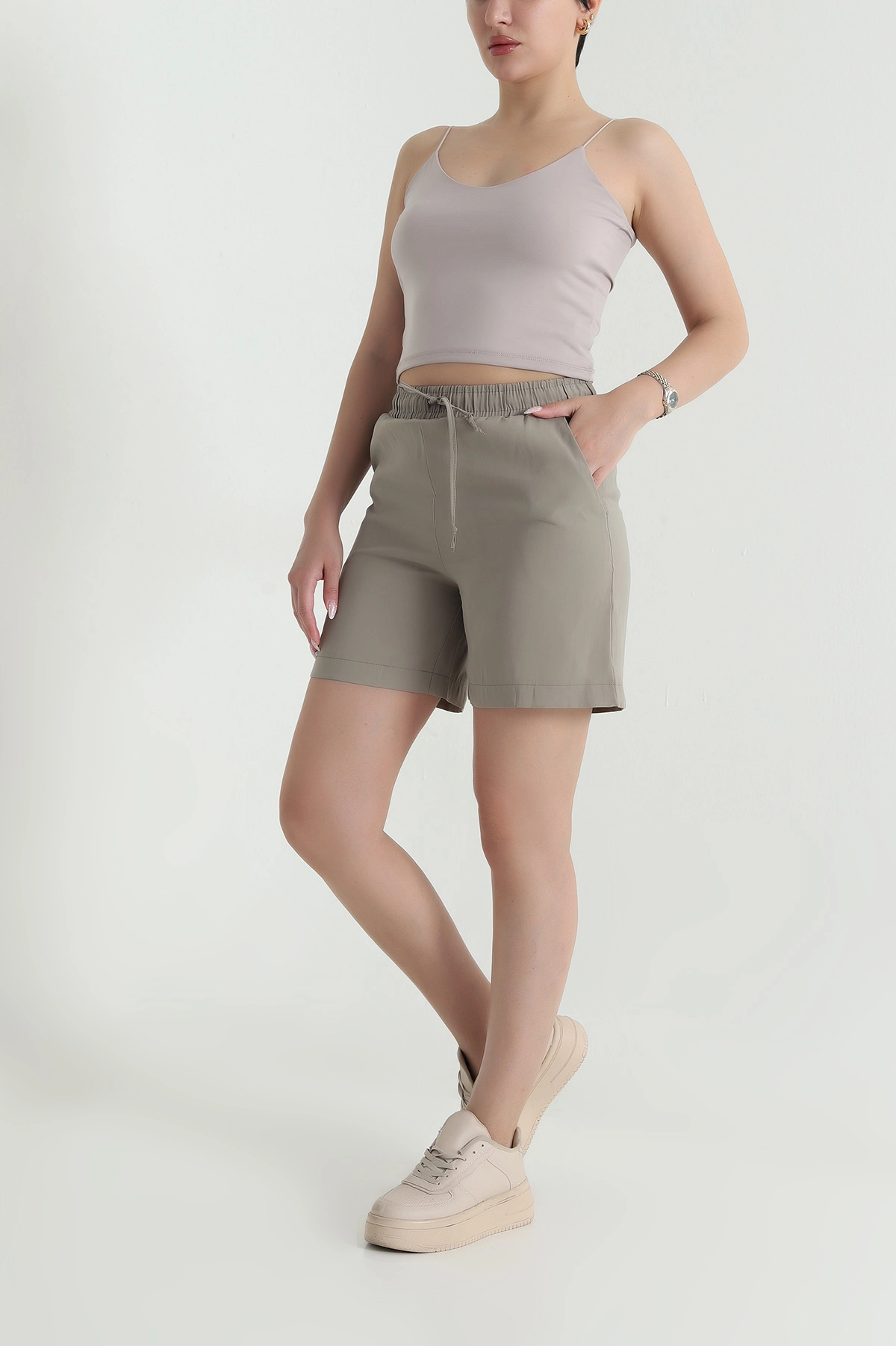 Haki Cepli Bel Lastikli Tencel Kadın Şort 464646