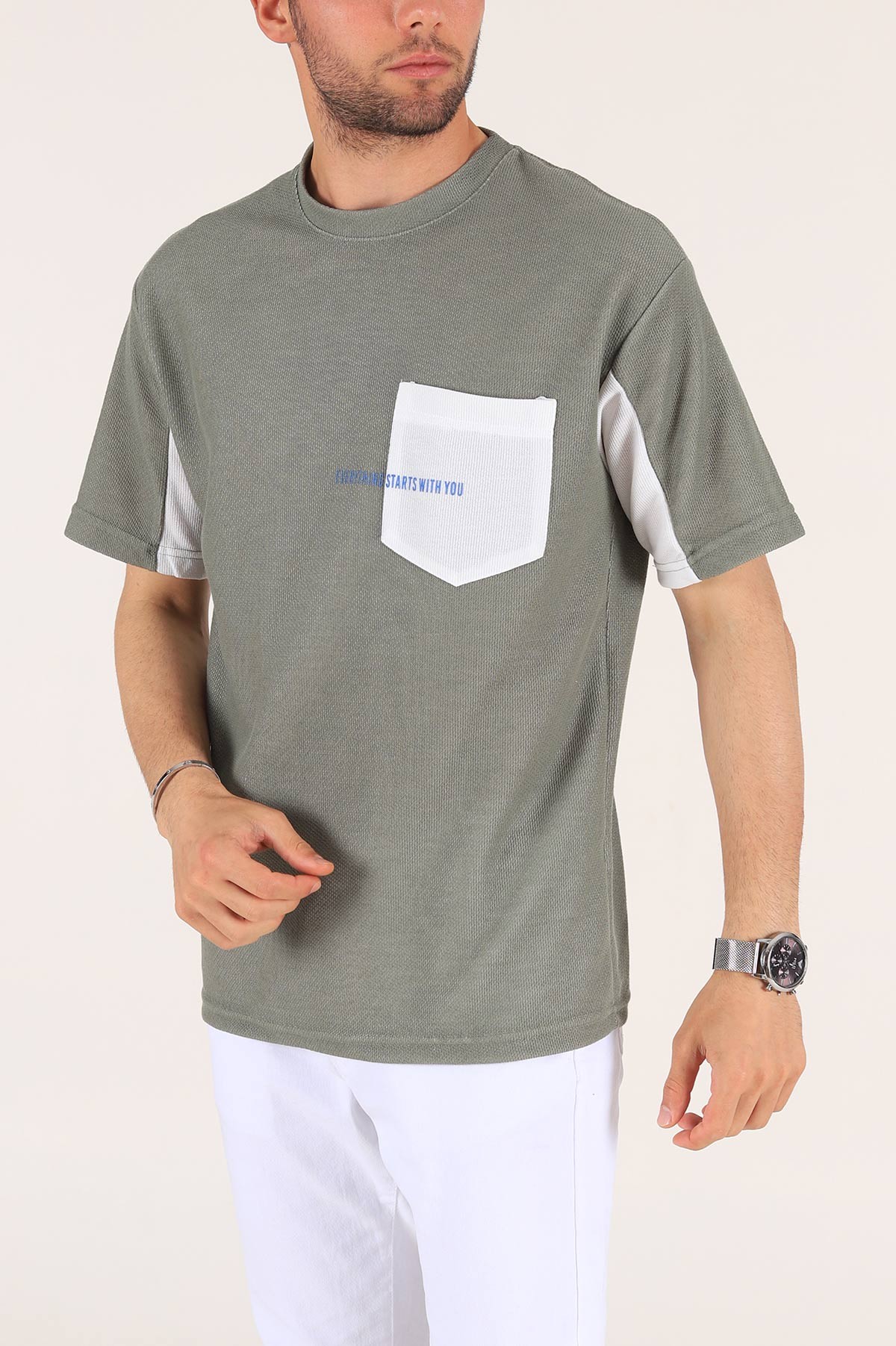 Haki Cepli Dokulu Oversize Erkek Tişört 177454
