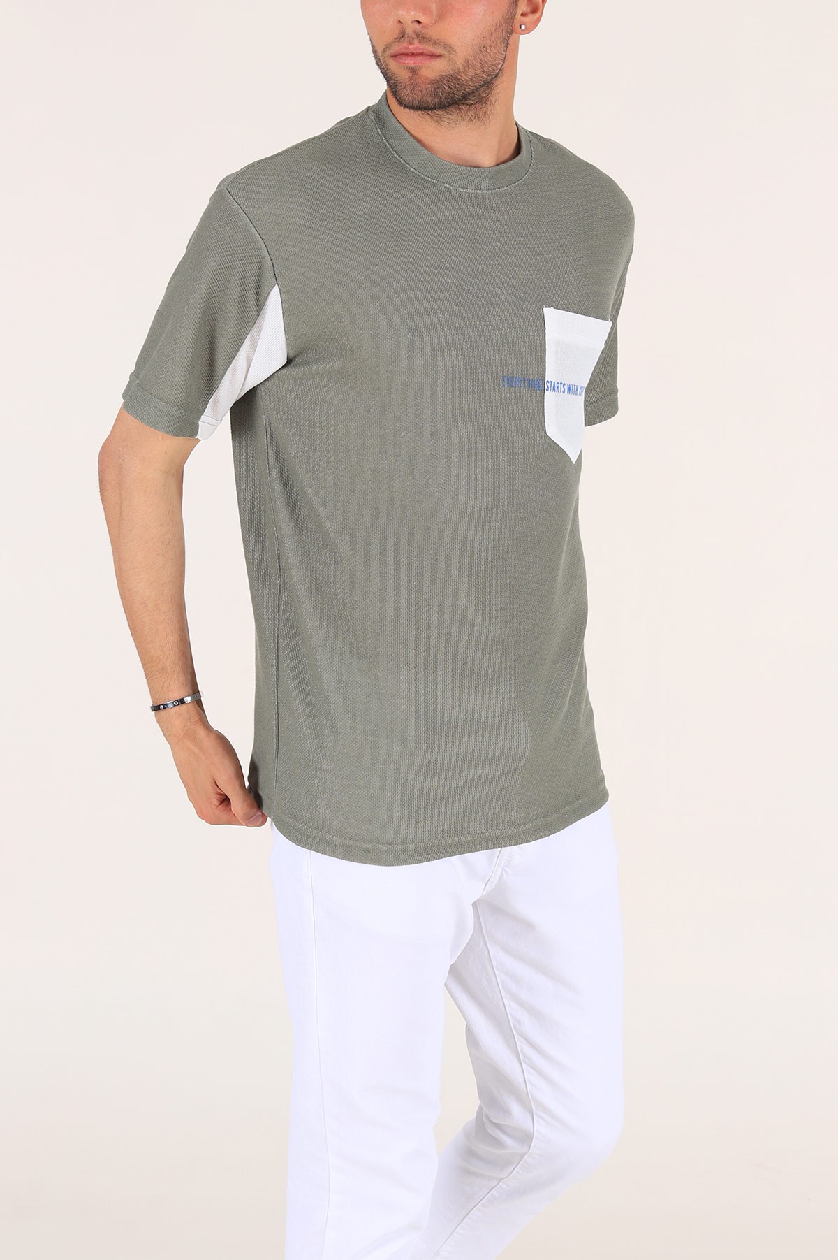 Haki Cepli Dokulu Oversize Erkek Tişört 177454