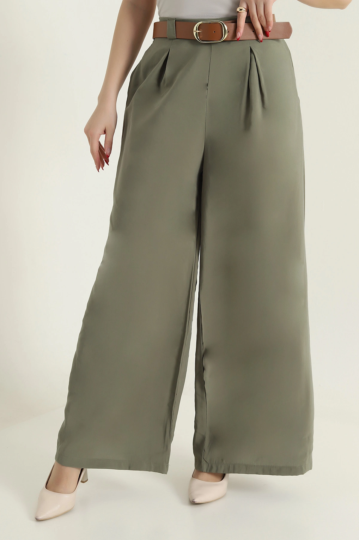Haki Cepli Pileli Tencel Kadın Pantolon 436733