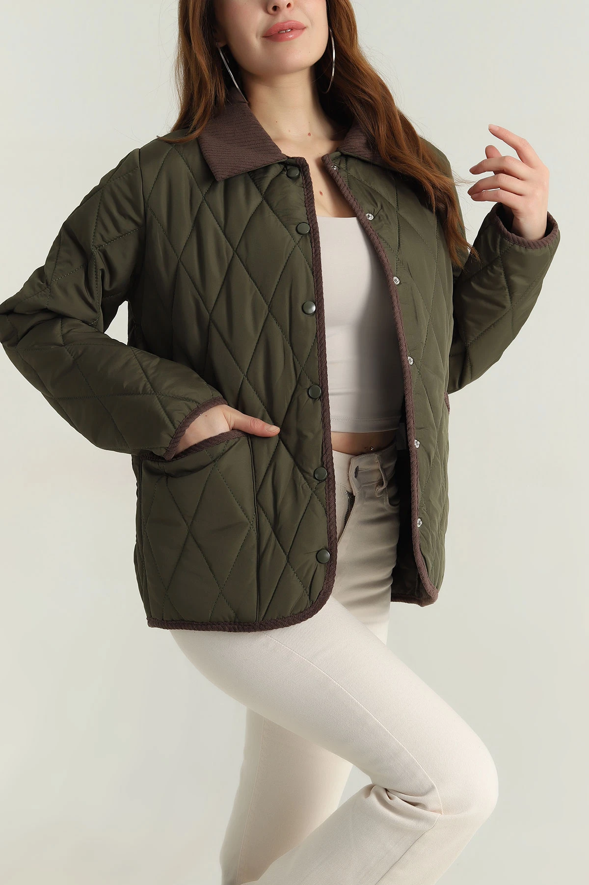 Haki Çift Cep Kapitone Kadın Mont 414138