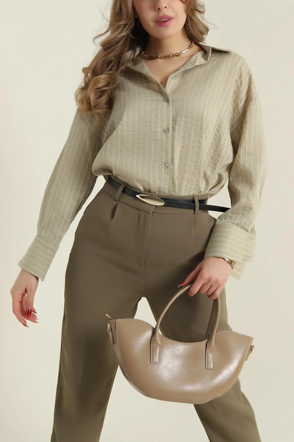 Haki Çizgili Mono Stripe Kadın Gömlek 425452