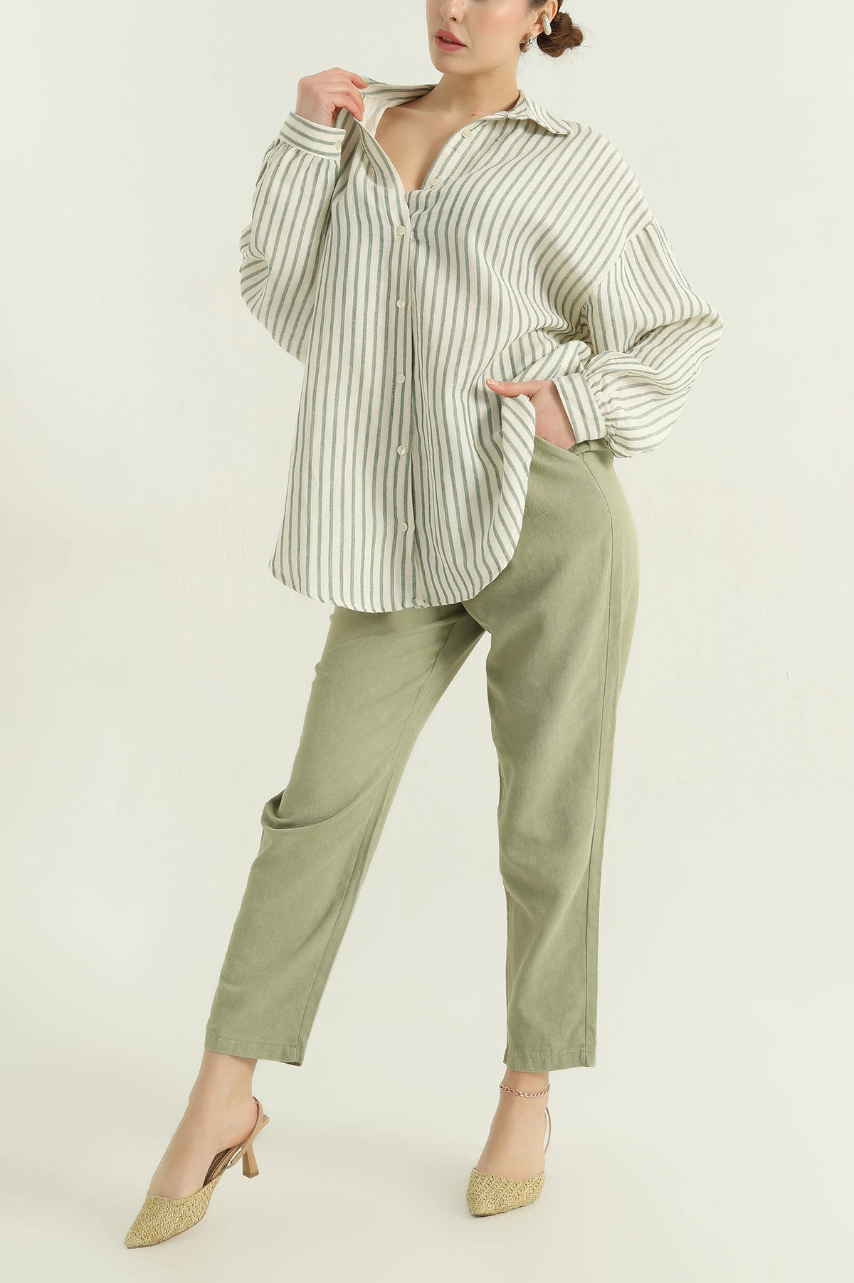 Haki Çizgili Oversize Bayan Keten Gömlek 336977