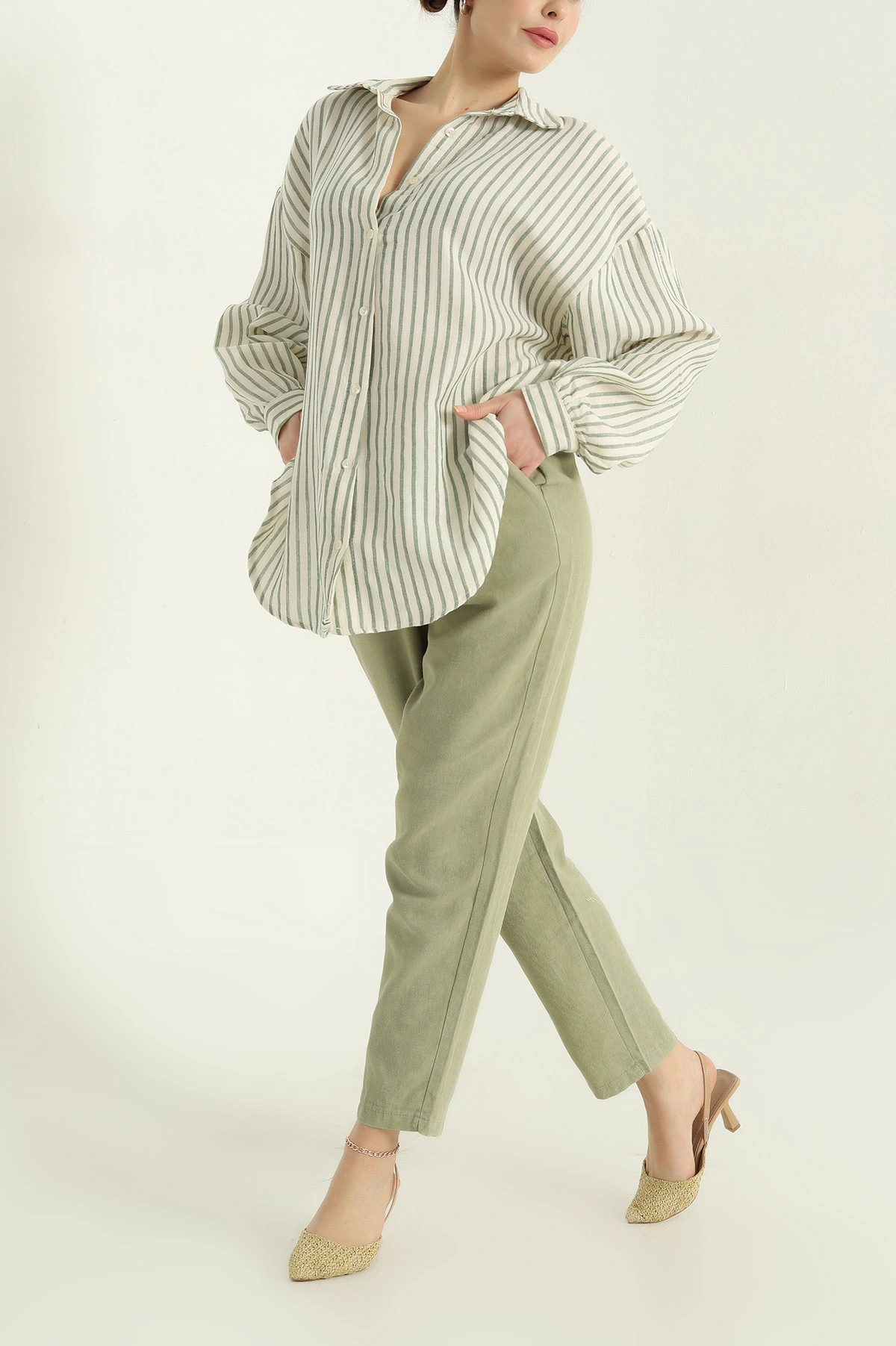 Haki Çizgili Oversize Bayan Keten Gömlek 336977