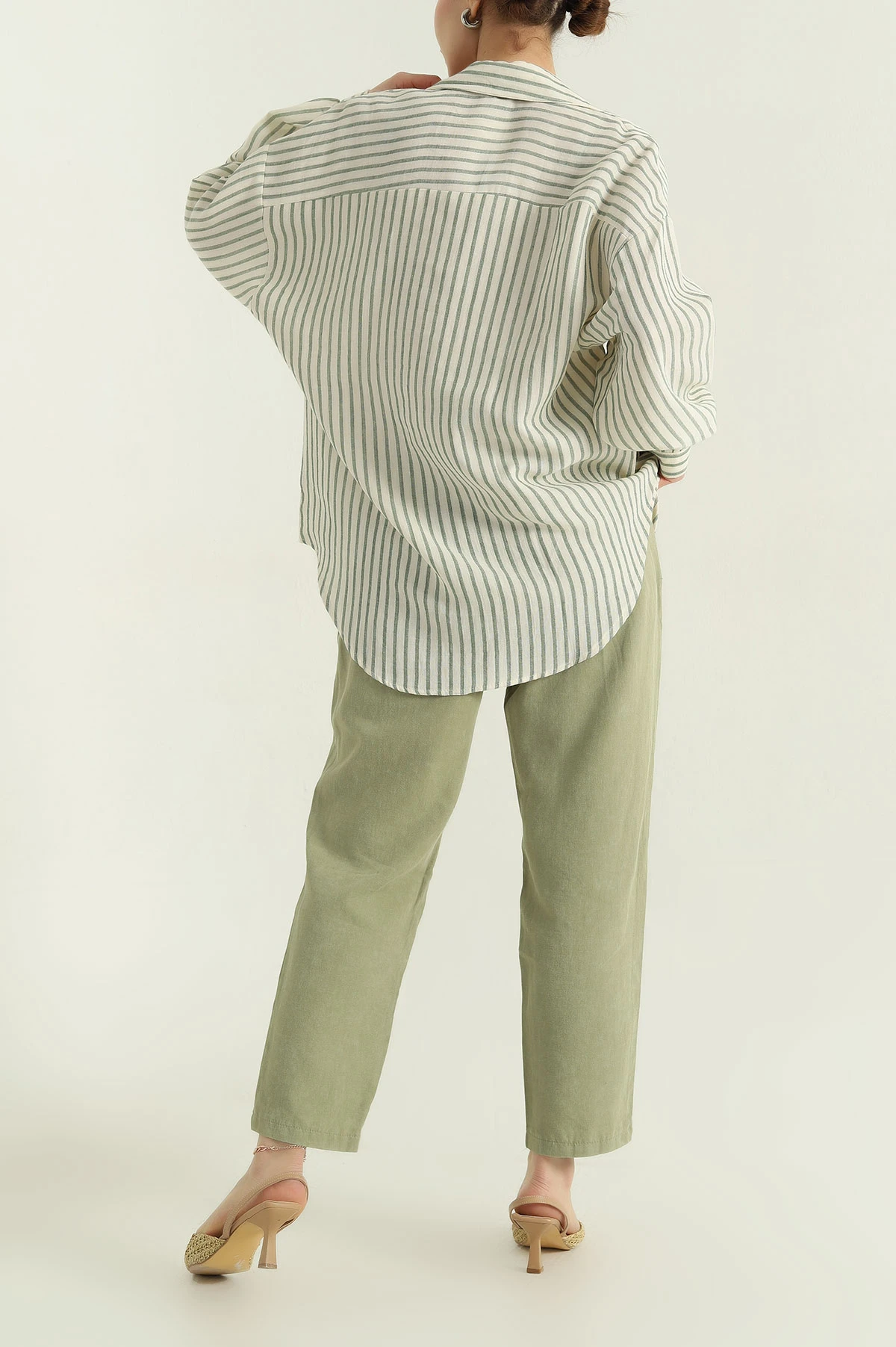 Haki Çizgili Oversize Bayan Keten Gömlek 336977