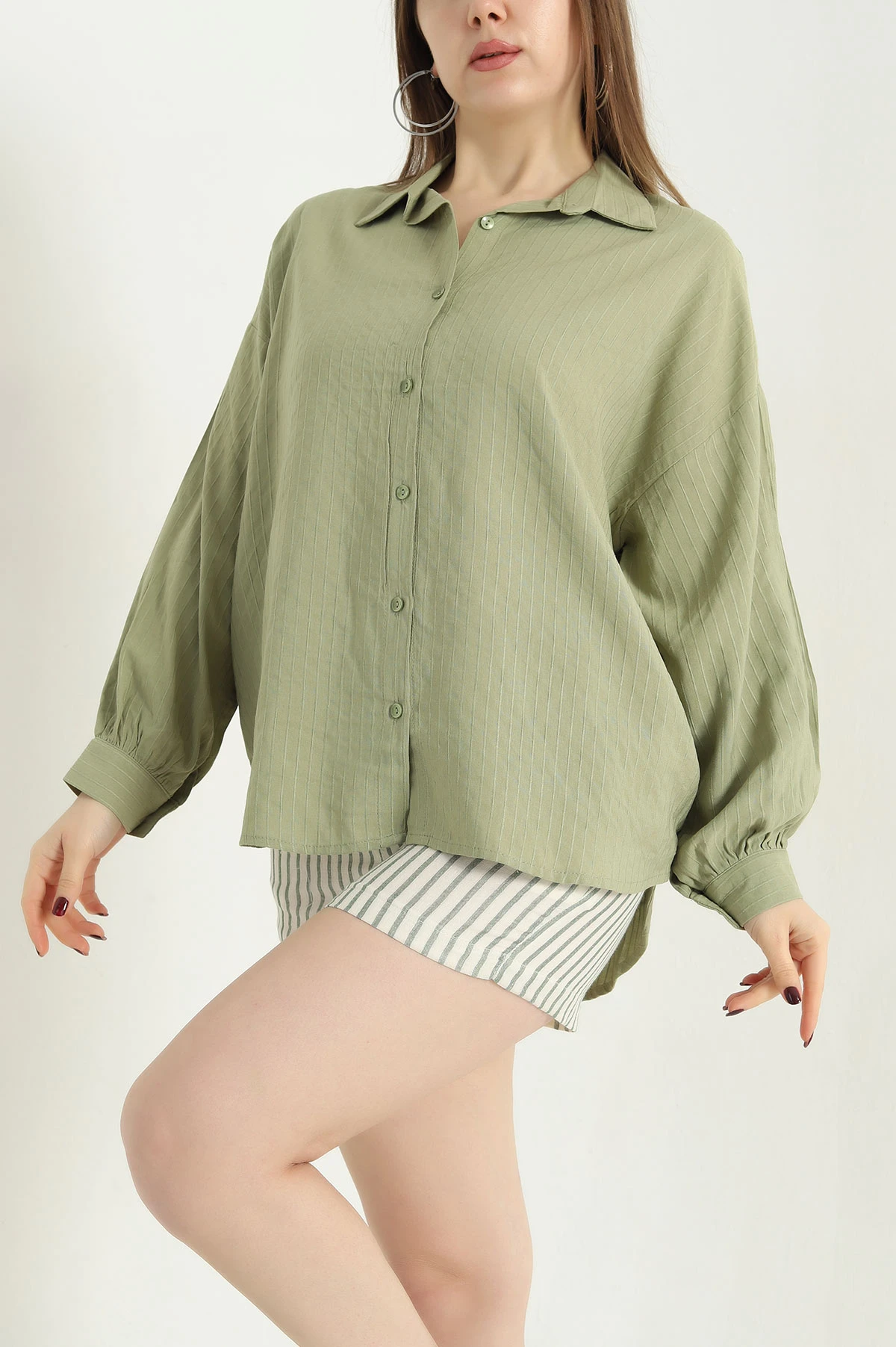 Haki Çizgili Oversize Keten Gömlek 340411
