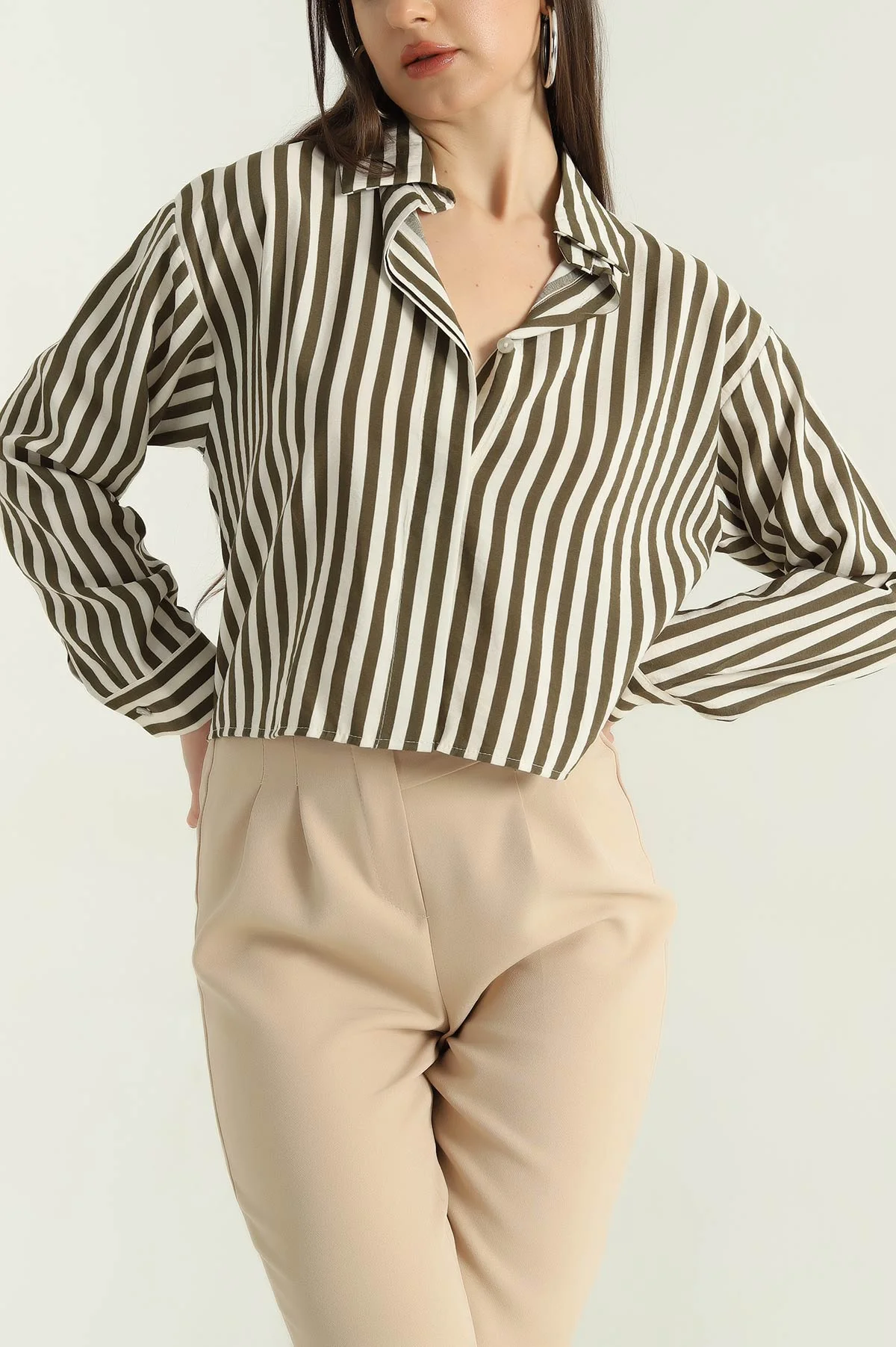 Haki Çizgili Poplin Bayan Gömlek 336690