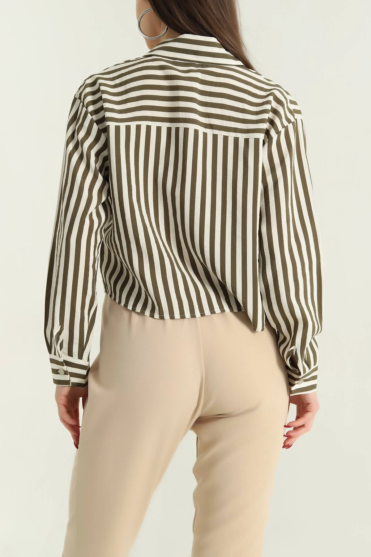 Haki Çizgili Poplin Bayan Gömlek 336690