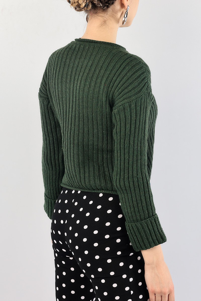 Haki Crop Bayan Triko Kazak 89057