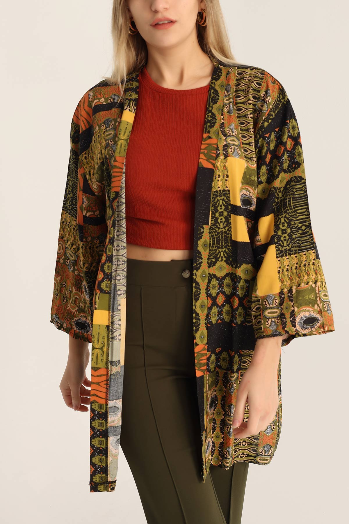 Haki Desenli Dokuma Viskon Kimono 173405