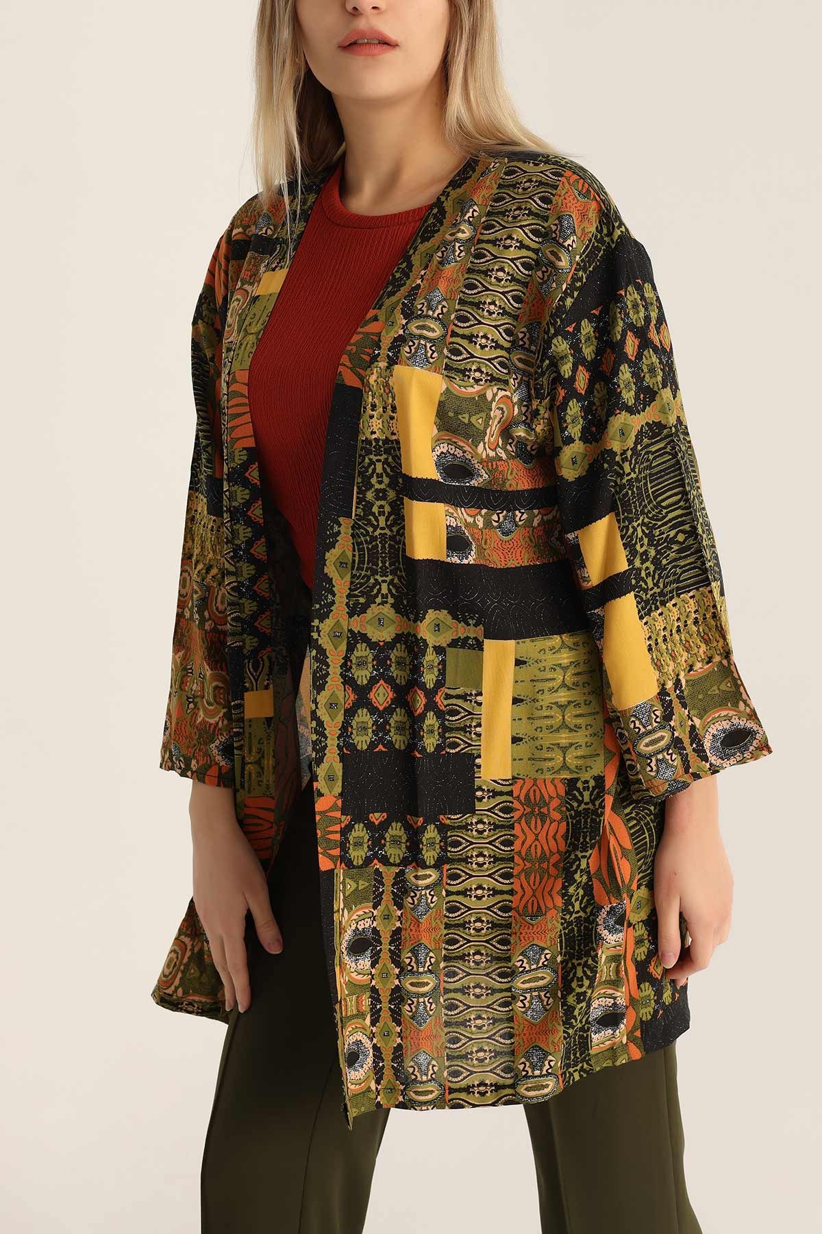 Haki Desenli Dokuma Viskon Kimono 173405