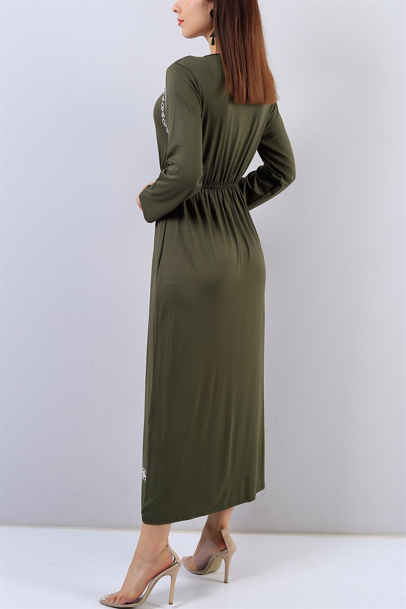 Haki Desenli Uzun Kollu Elbise 16056B