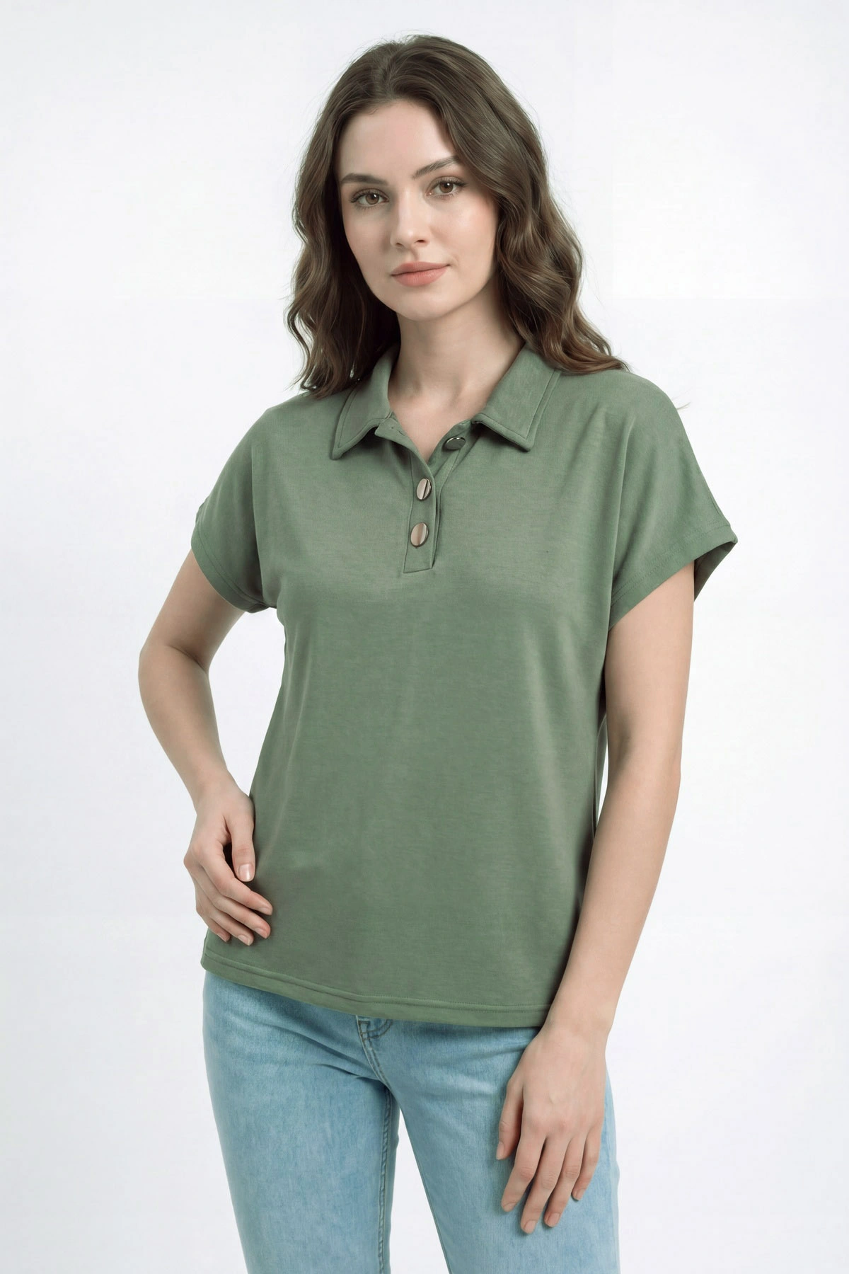 Haki Düğmeli Polo Yaka Kristal Kadın Bluz 449068