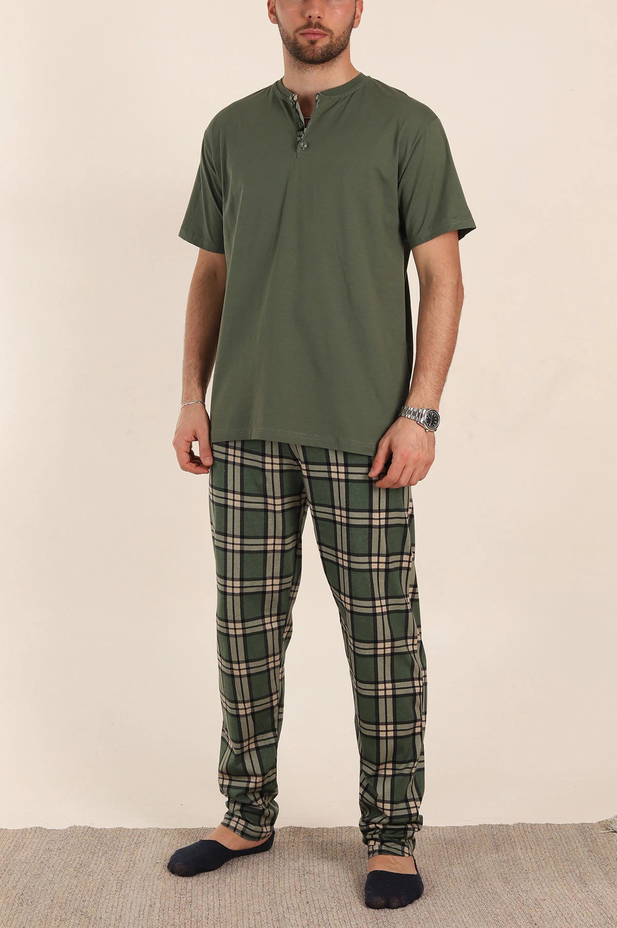 Haki Ekose Desenli 3 Düğmeli Kısa Kol Erkek Pijama Takımı 357473
