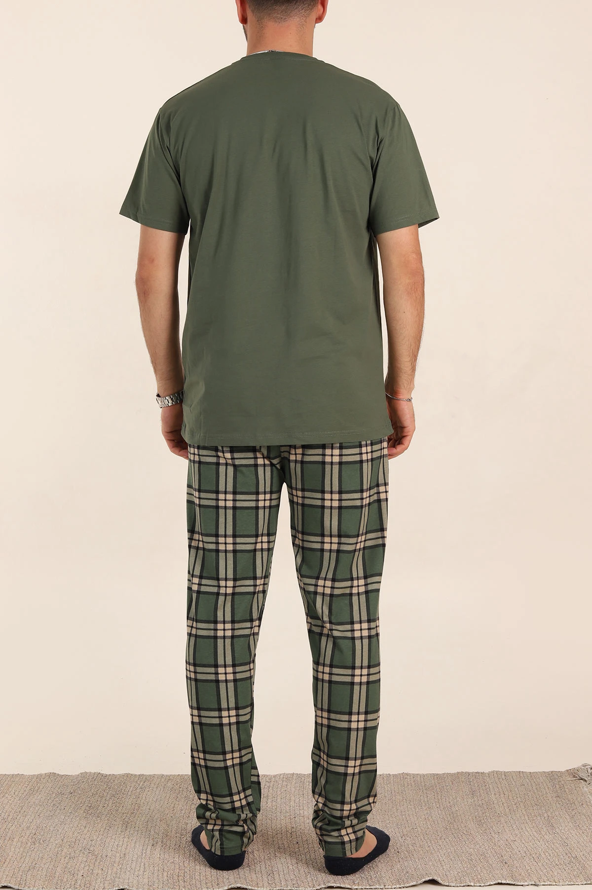 Haki Ekose Desenli 3 Düğmeli Kısa Kol Erkek Pijama Takımı 357473