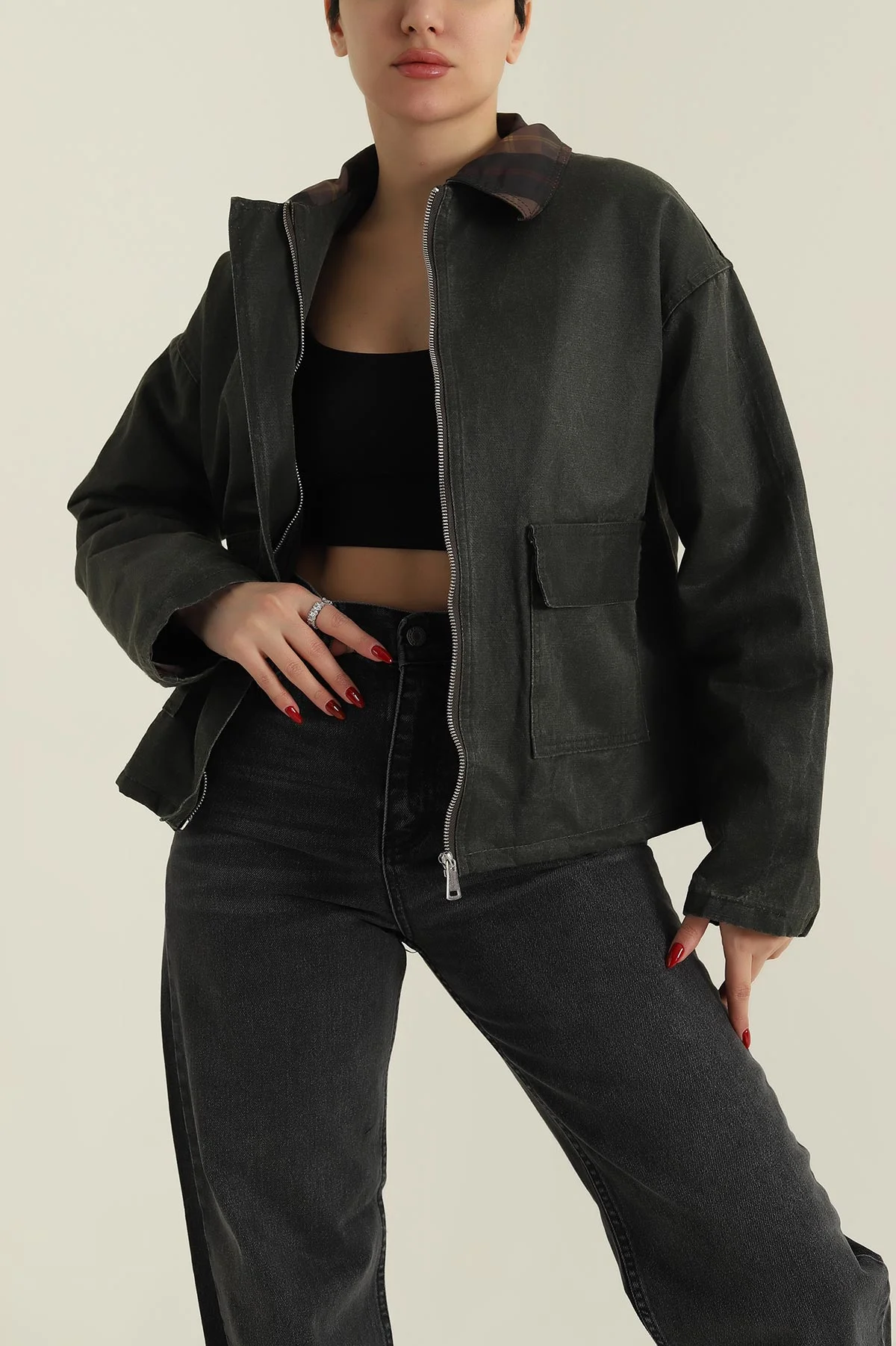 Haki Ekose Kadın Barbour İçi Kürklü  Parka Mont 427721