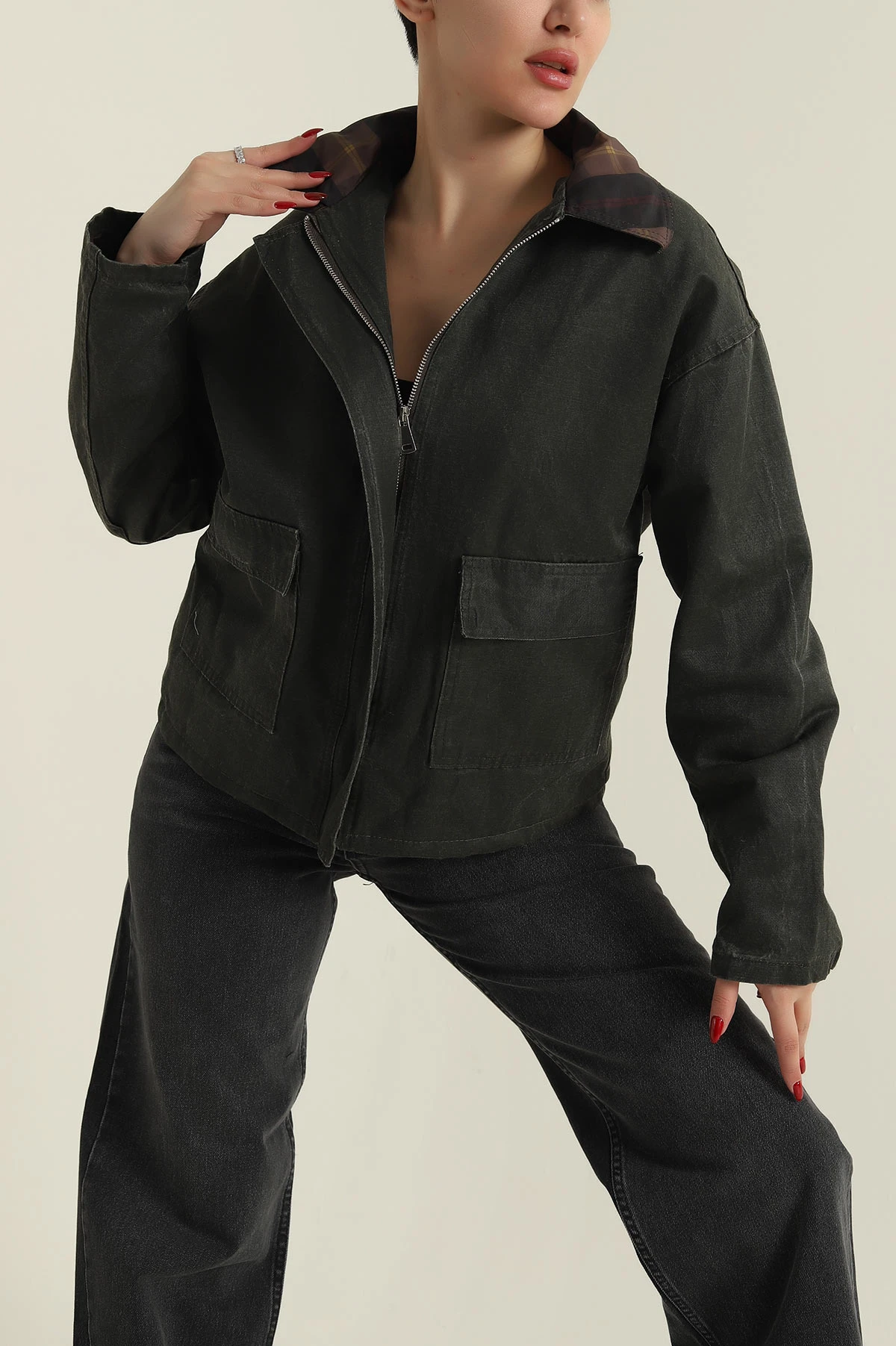 Haki Ekose Kadın Barbour İçi Kürklü  Parka Mont 427721