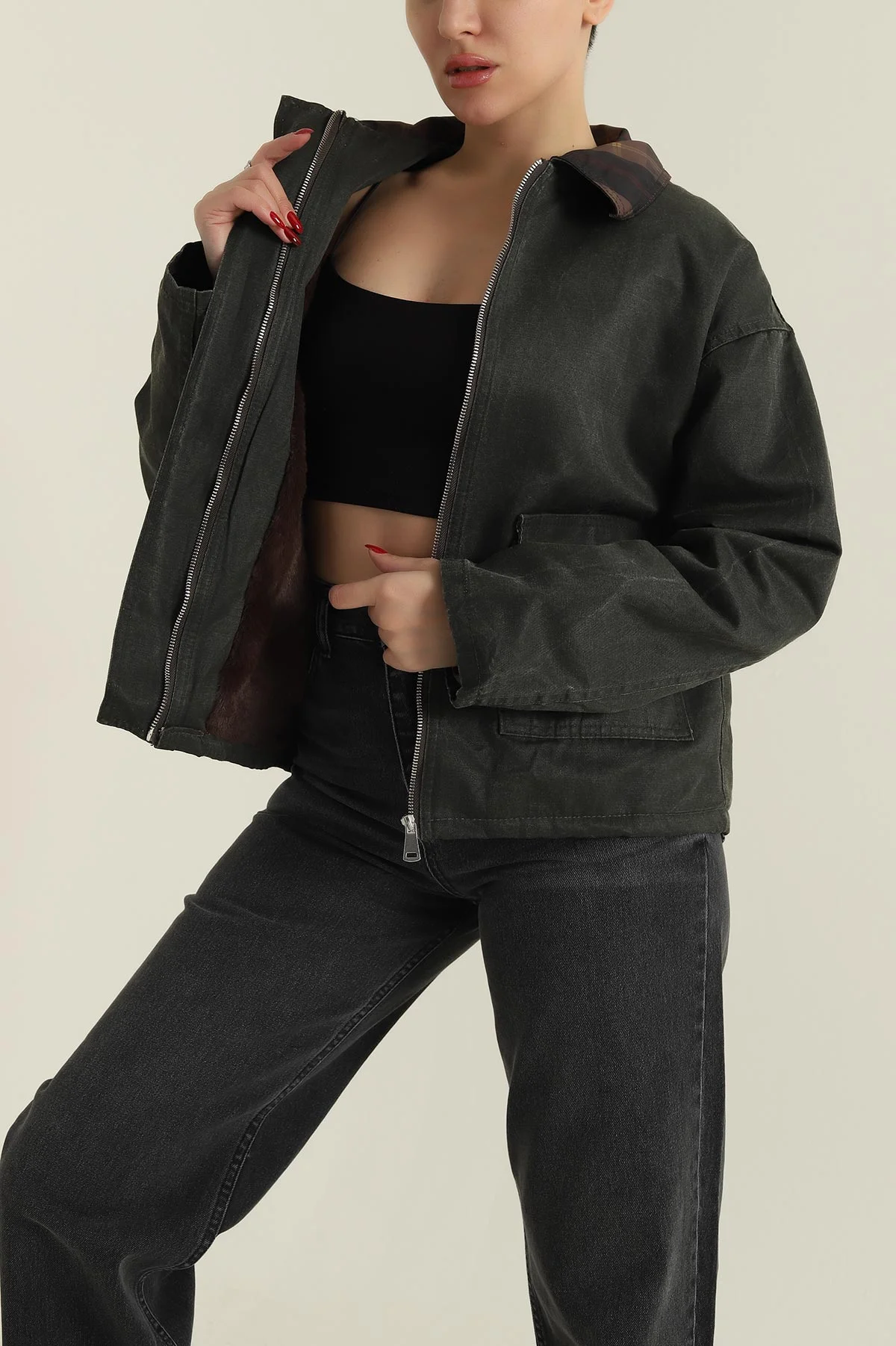 Haki Ekose Kadın Barbour İçi Kürklü  Parka Mont 427721