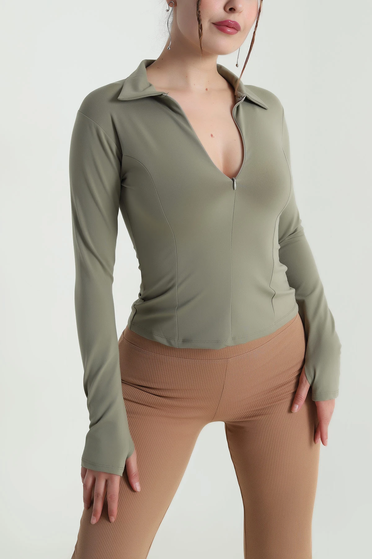 Haki Fermuarlı Belize Kadın Bluz 482775