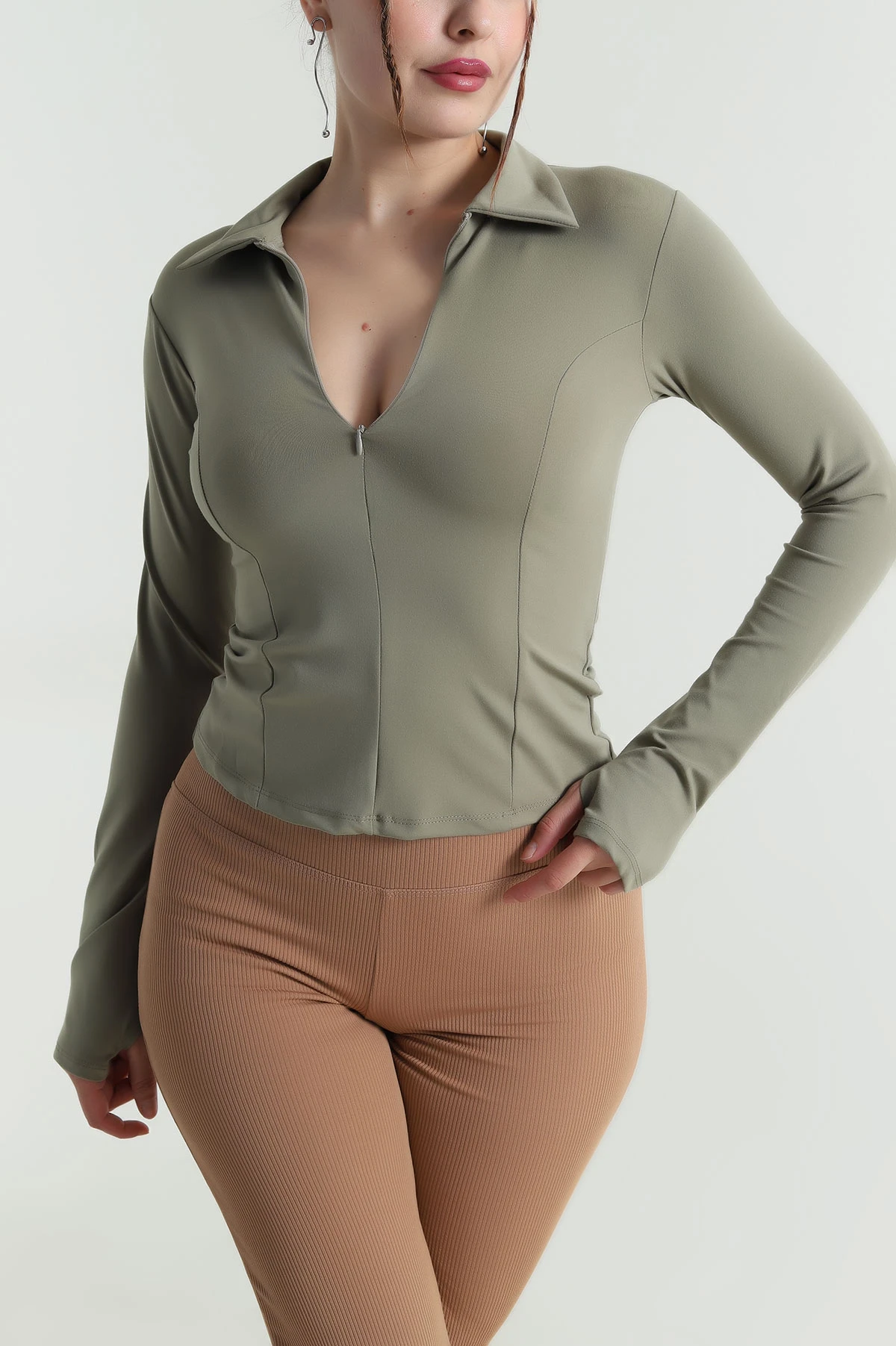 Haki Fermuarlı Belize Kadın Bluz 482775