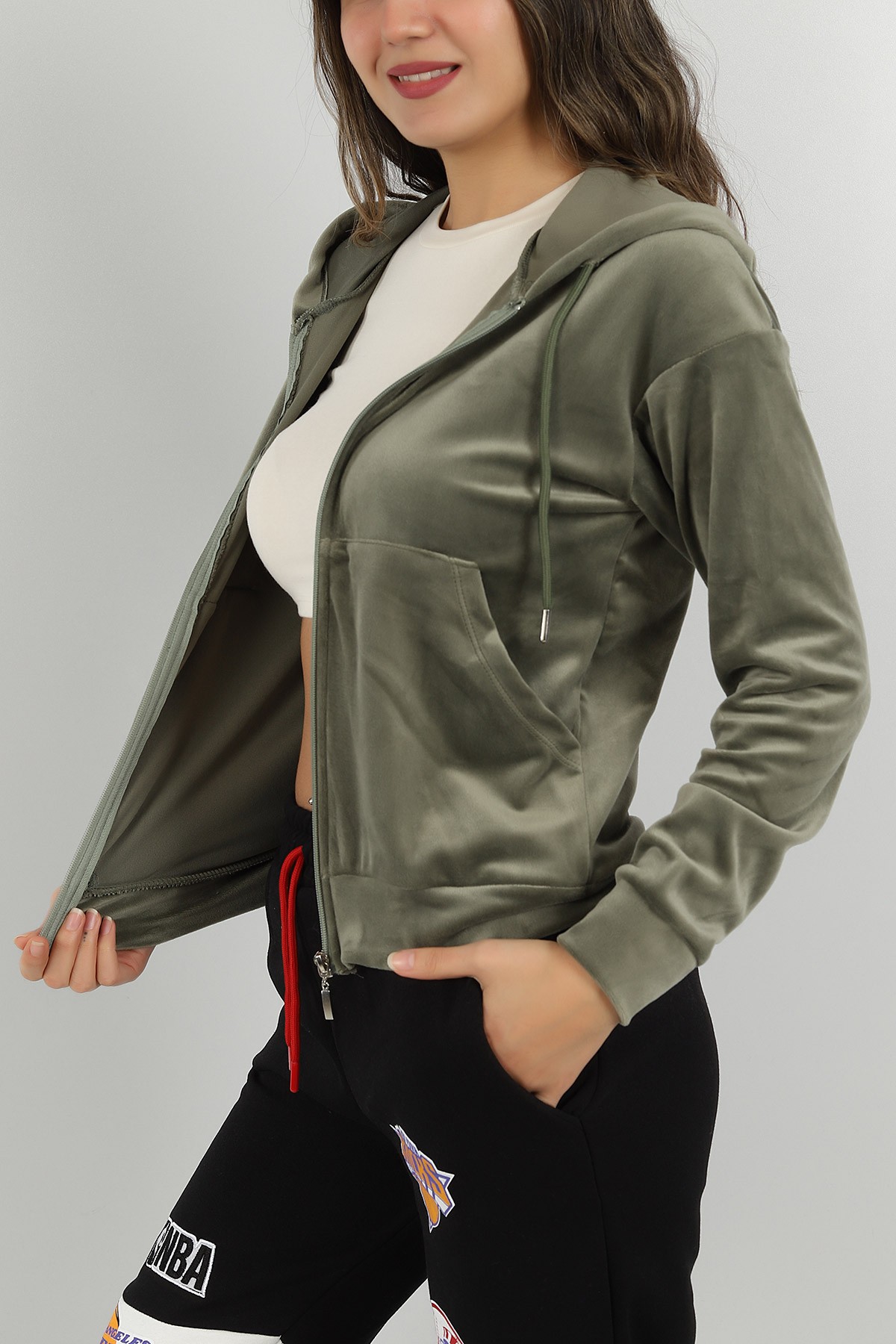 Haki Fermuarlı Kadife Sweat 147273