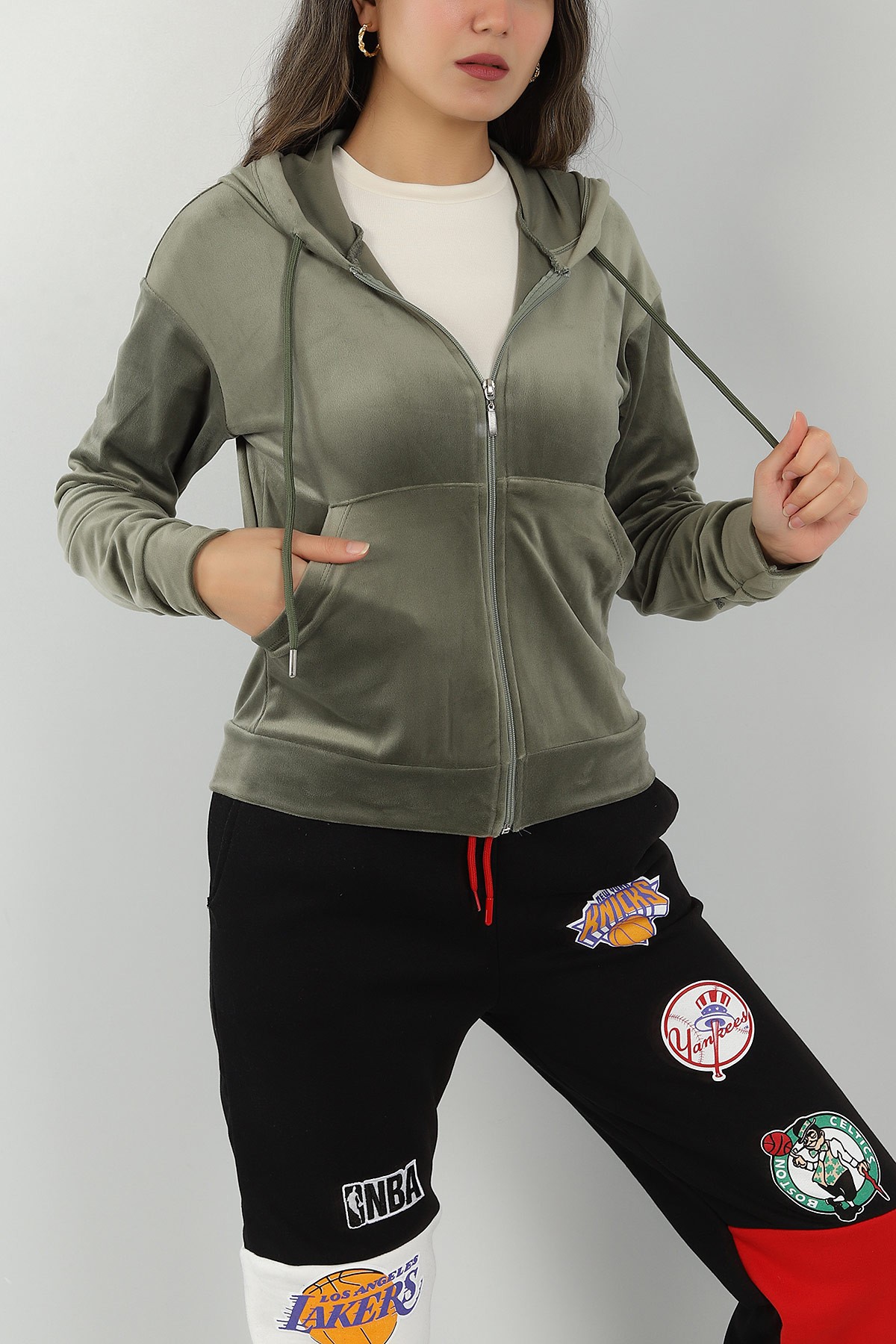 Haki Fermuarlı Kadife Sweat 147273