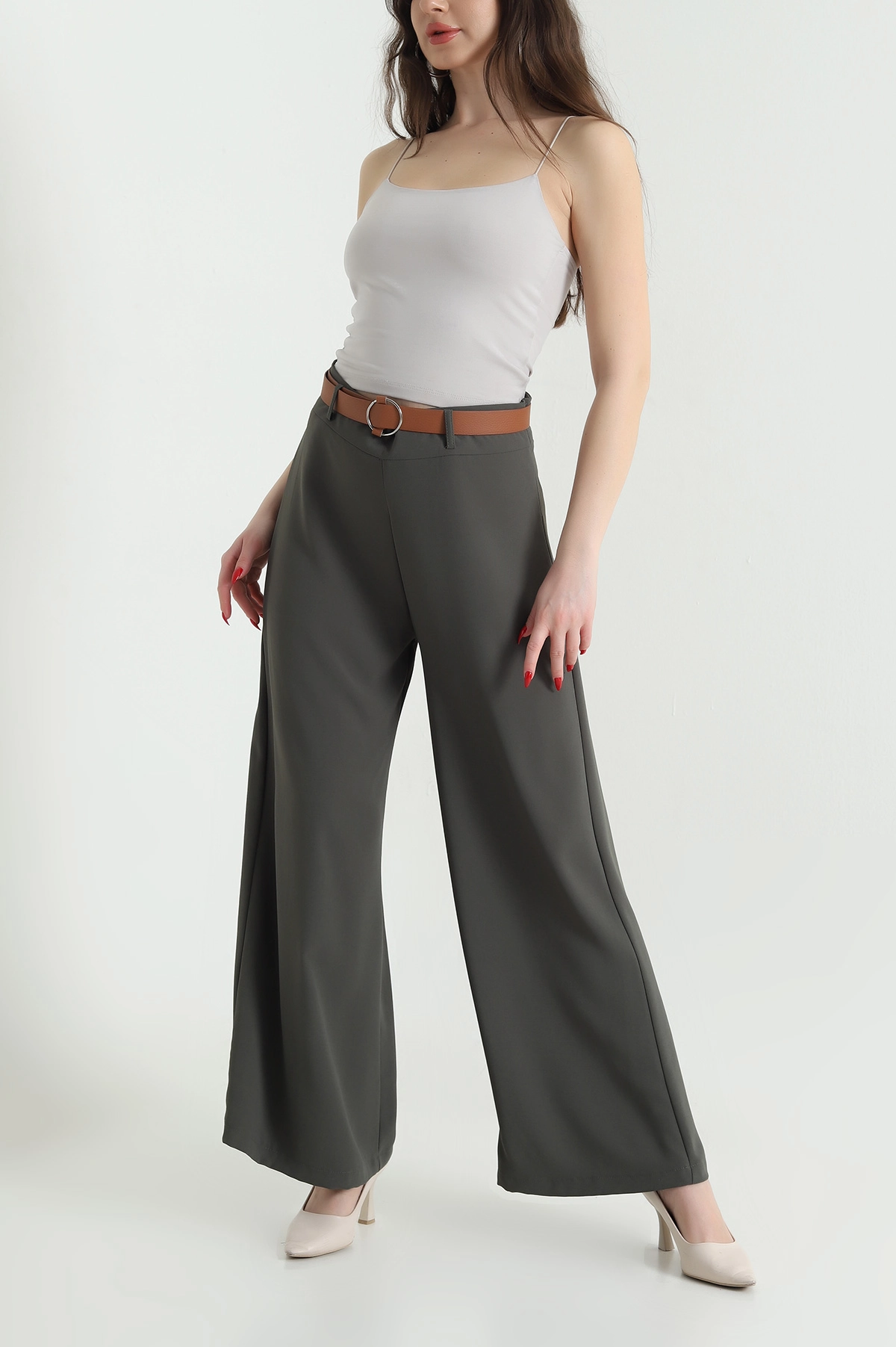 Haki Fermuarlı Tencel Crep Kadın Pantolon 440762